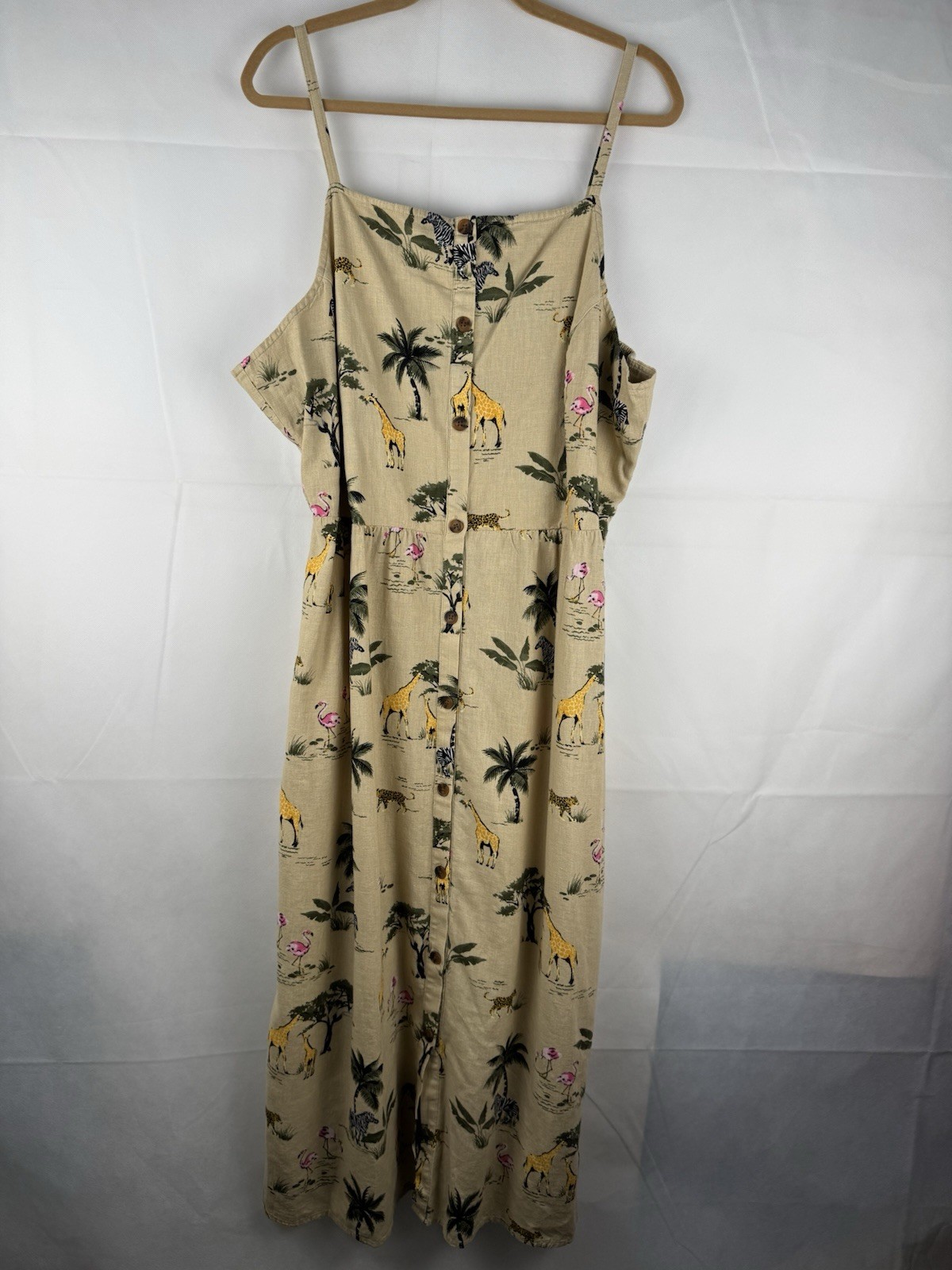 Old Navy Linen Tan Safari Jungle Animal Long Button Maxi Dress Women XXL Tall