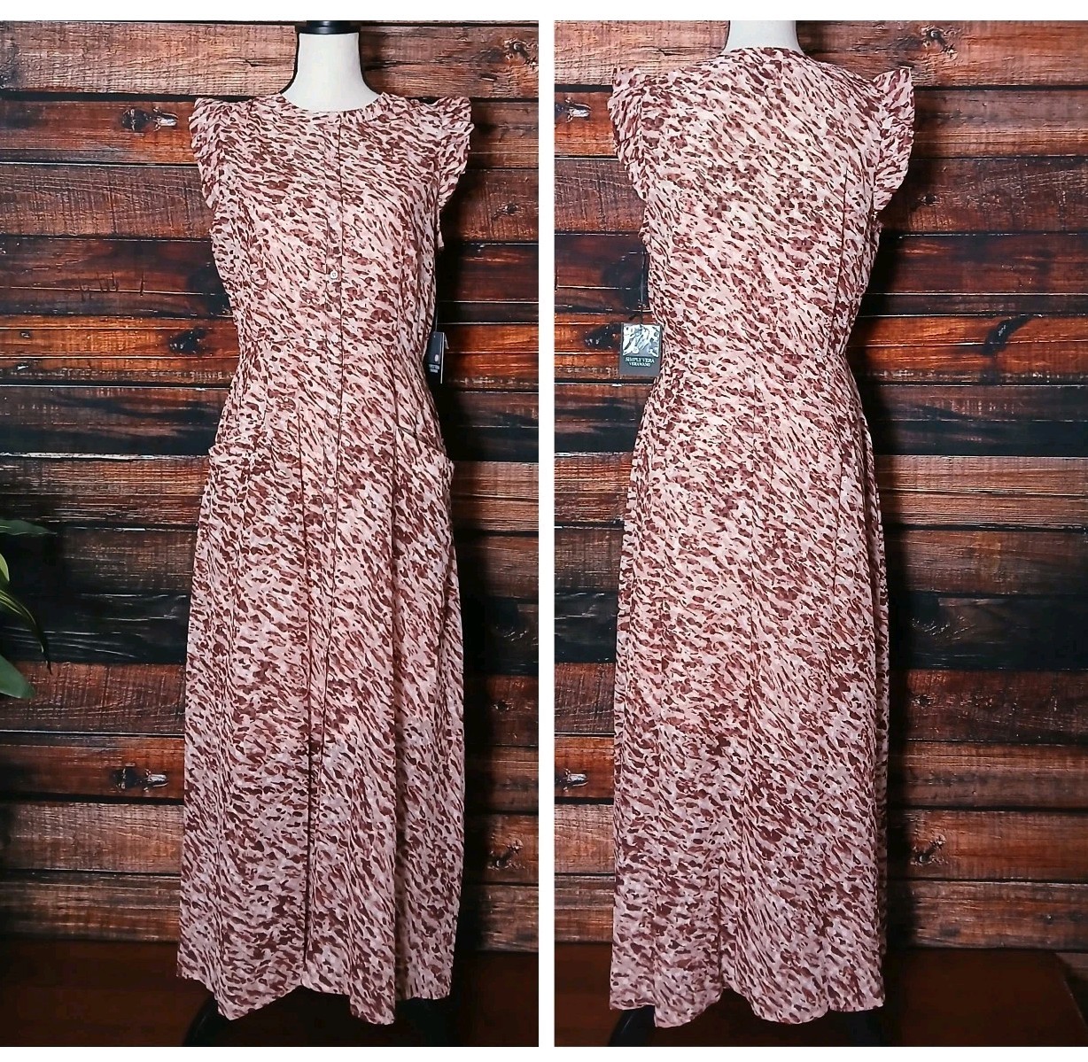 Simply Vera Wang Midi Dress M Button Down Abstract Ruffle Sleeve Pink NWT