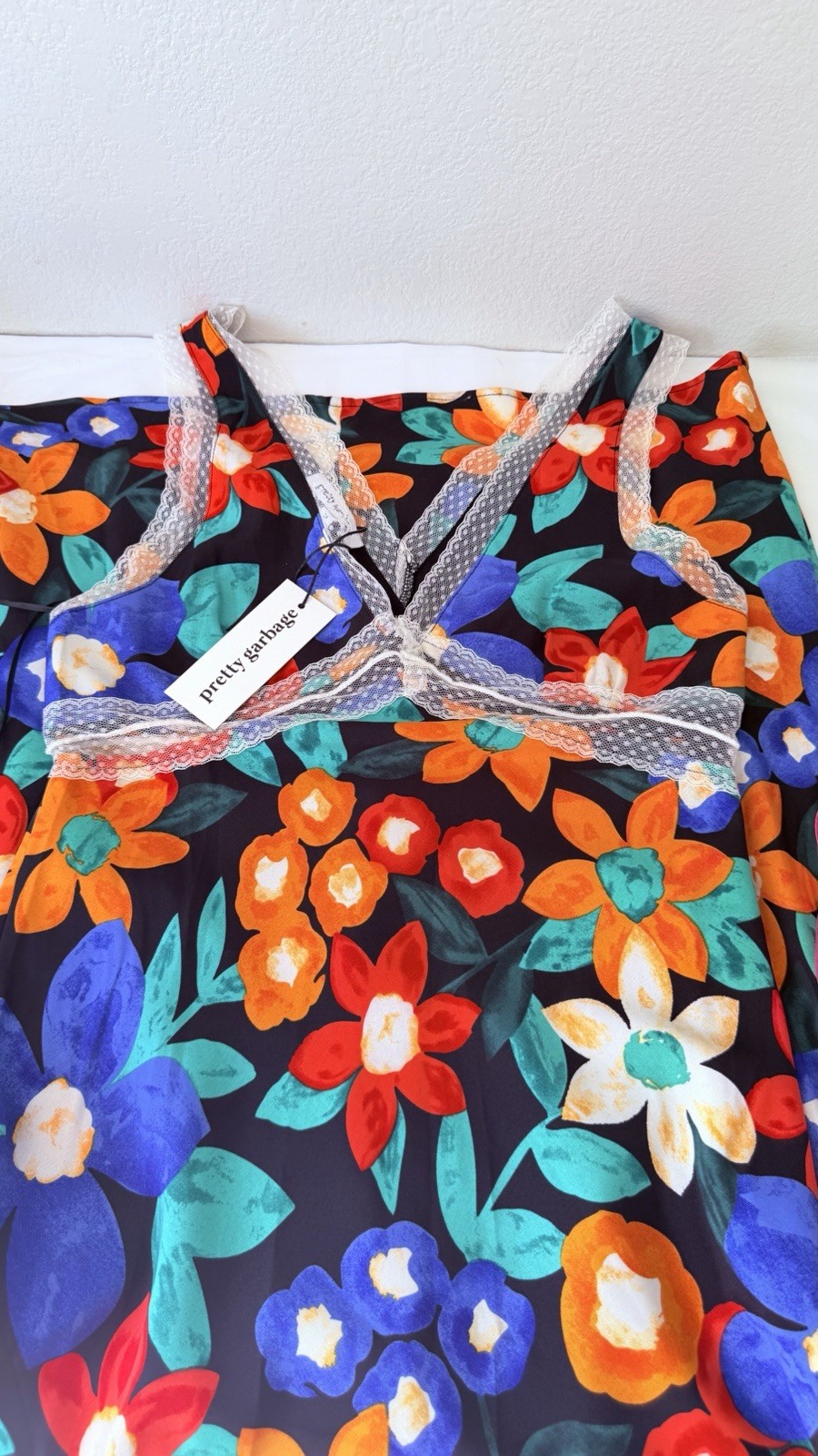 PRETTY GARBAGE Floral Satin Slip Midi Dress Lace Trim Metallic NWT Size S