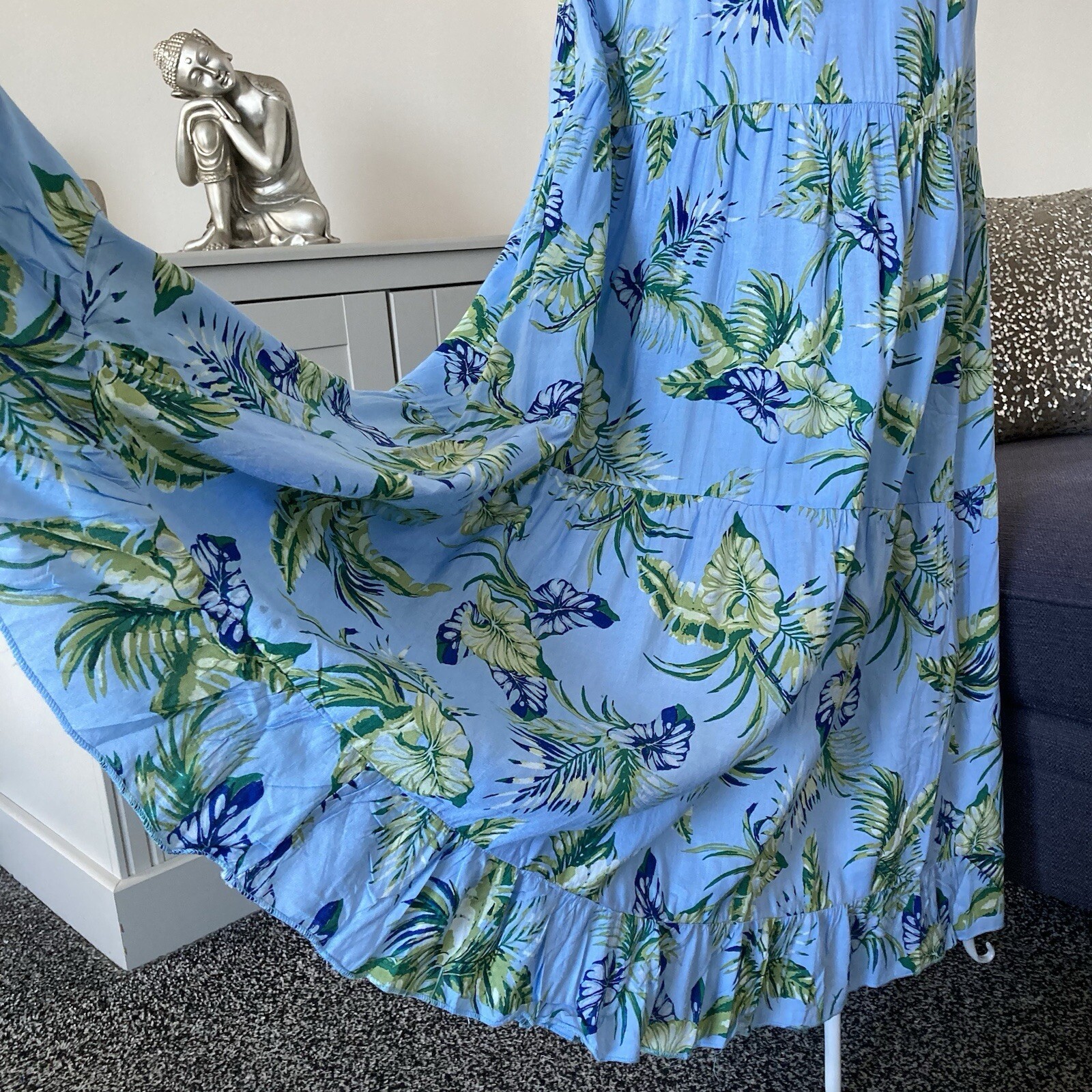 Blue Leaf Print Ruffle Scoop Neck Sleeveless Open Back Tiered Maxi Dress L 10-12