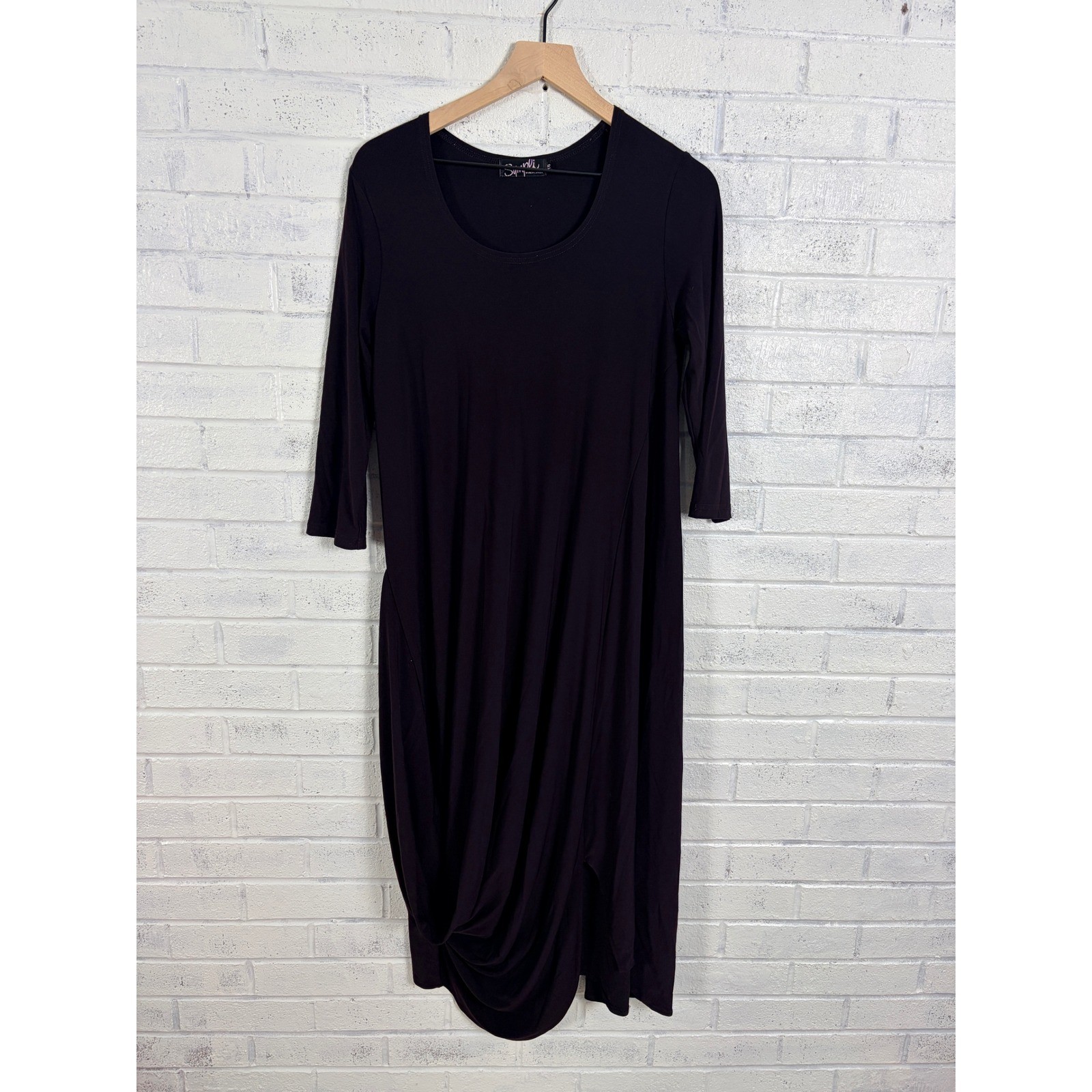 Sympli Jersey Knit Draped Midi Dress Womens 10 Purple Tulip Hem 3/4 Sleeve
