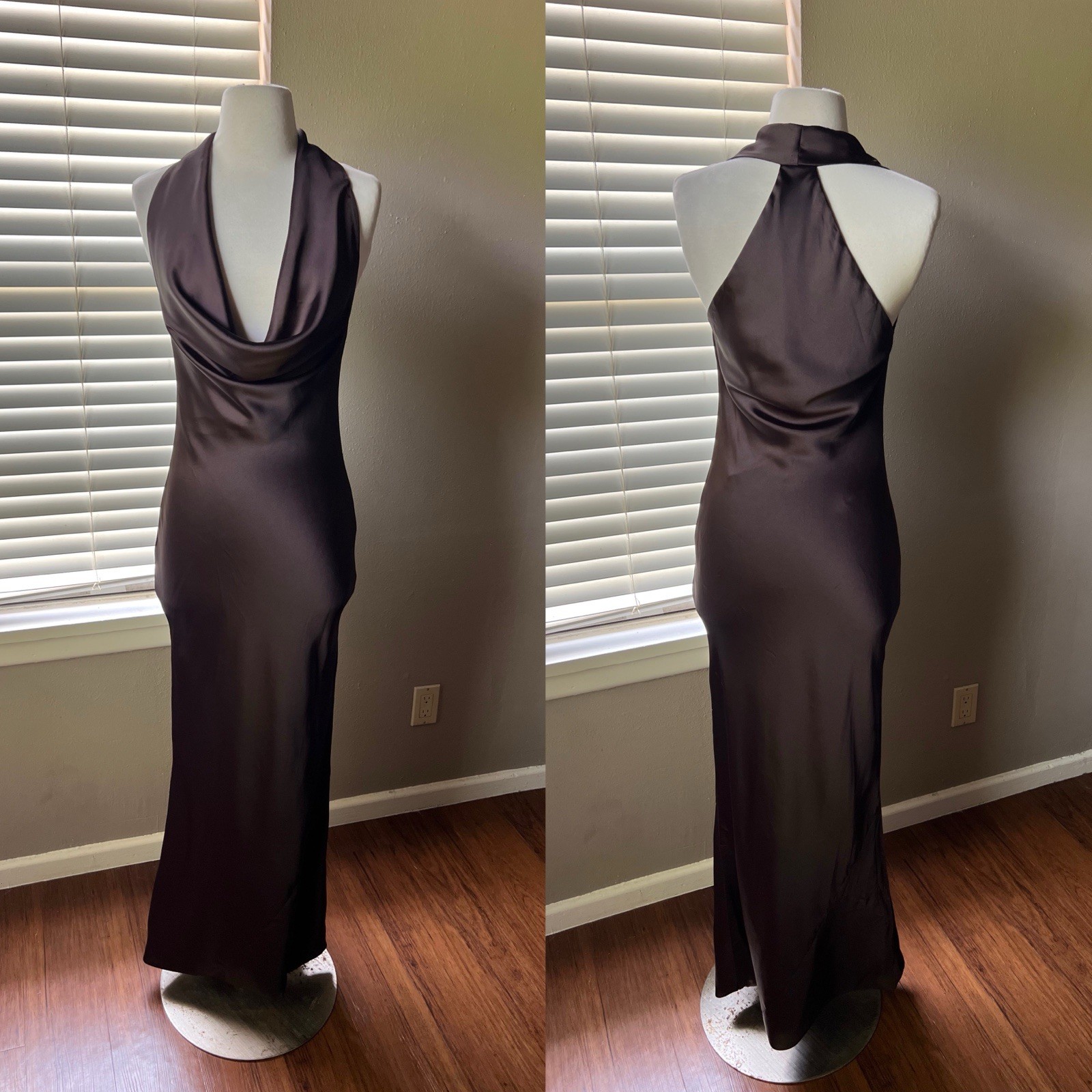 Norma Kamali Halter Drape Bias Gown Size XS Brown Satin Fishtail Hem Bridal Gala