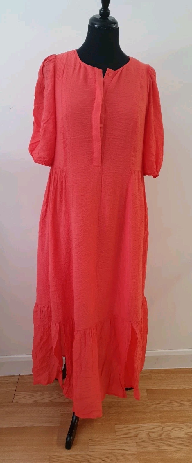 Oliver Bonas Midi Dress UK10 Orange 3/4 Puff Sleeves Lined Button Front