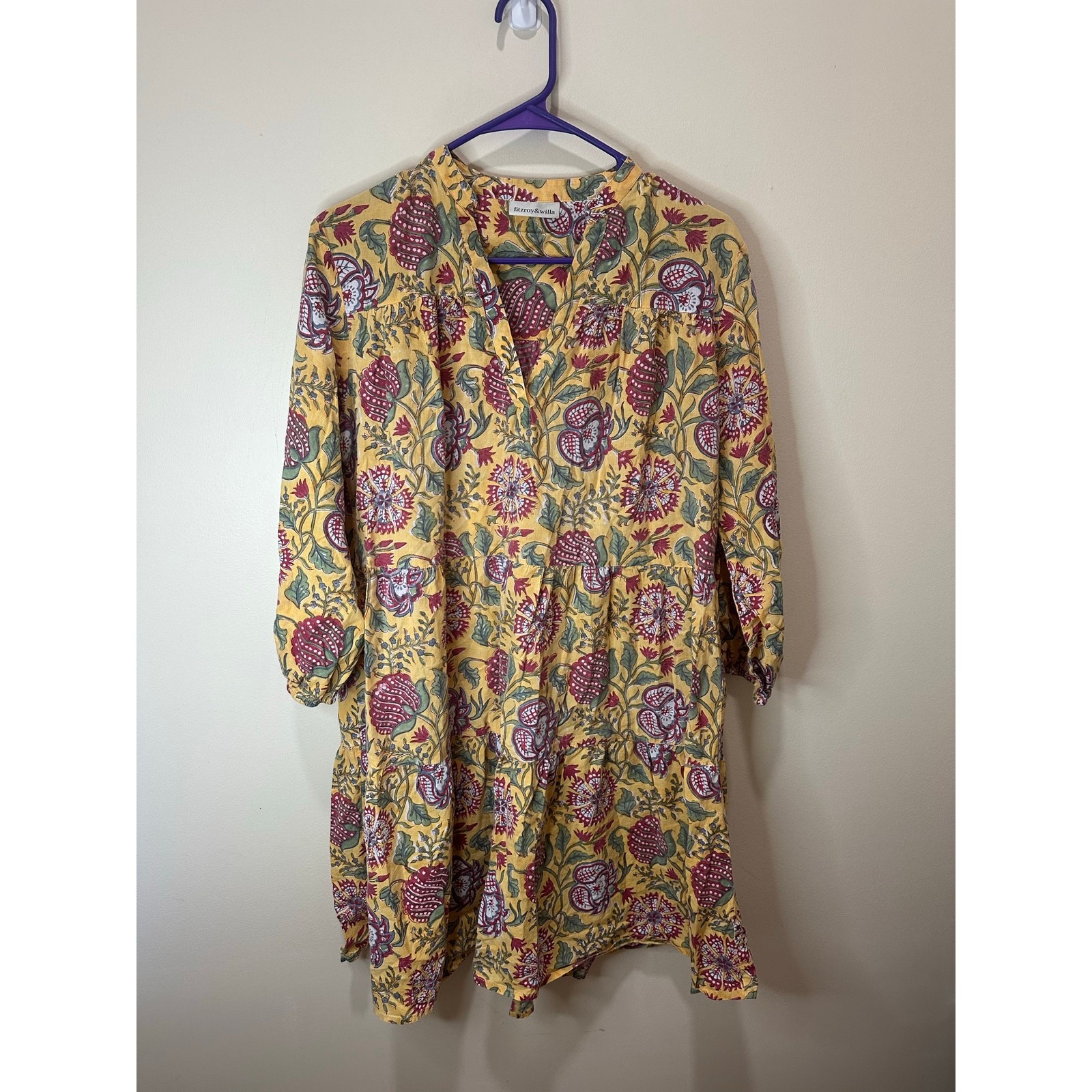 Fitzroy & Willa Soleil Marti Dress Cotton Yellow Floral Sz M Short Maxi Boho
