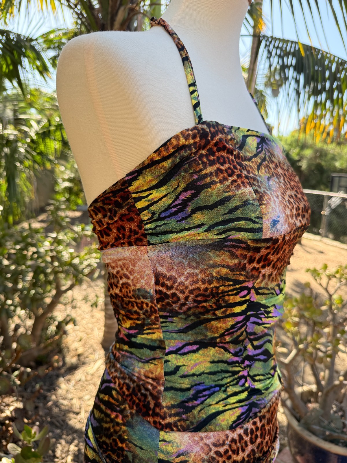 Forever 21 Y2K Rave Neon Ruched Animal Print Halter Bodycon Mini Dress Size S/P