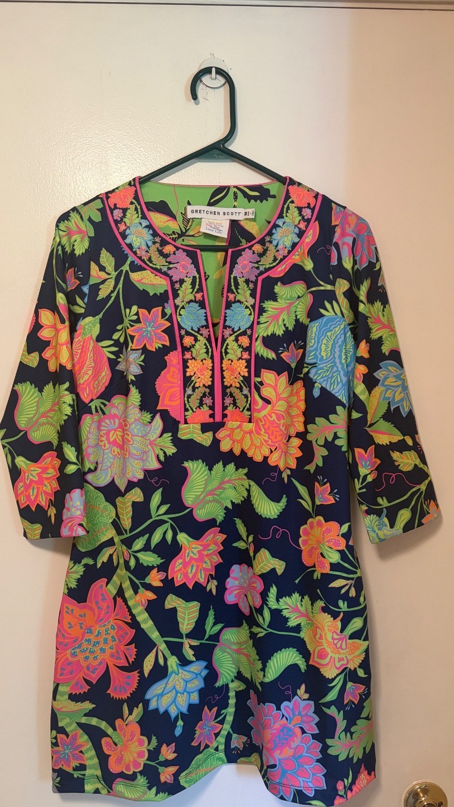 Gretchen Scott Jersey Dress 3/4 Sleeve Colorful Tropical Bright Floral Sz Medium