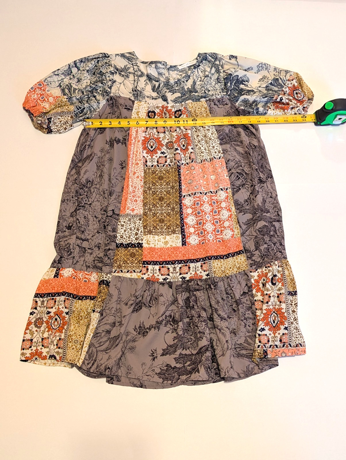 Ces Femme Patchwork Print Boho Swing Dress Puff Sleeve Women’s M
