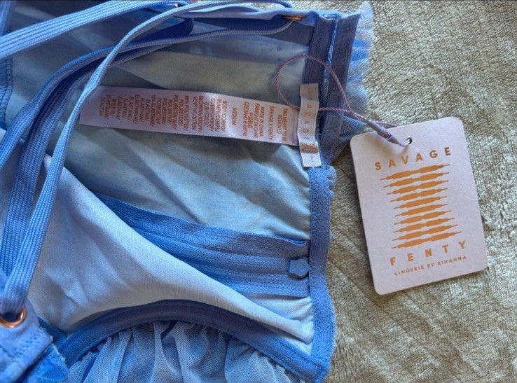Savage X Fenty Blue Sheer Mesh Off Shoulder Lace-Up Mini Dress M