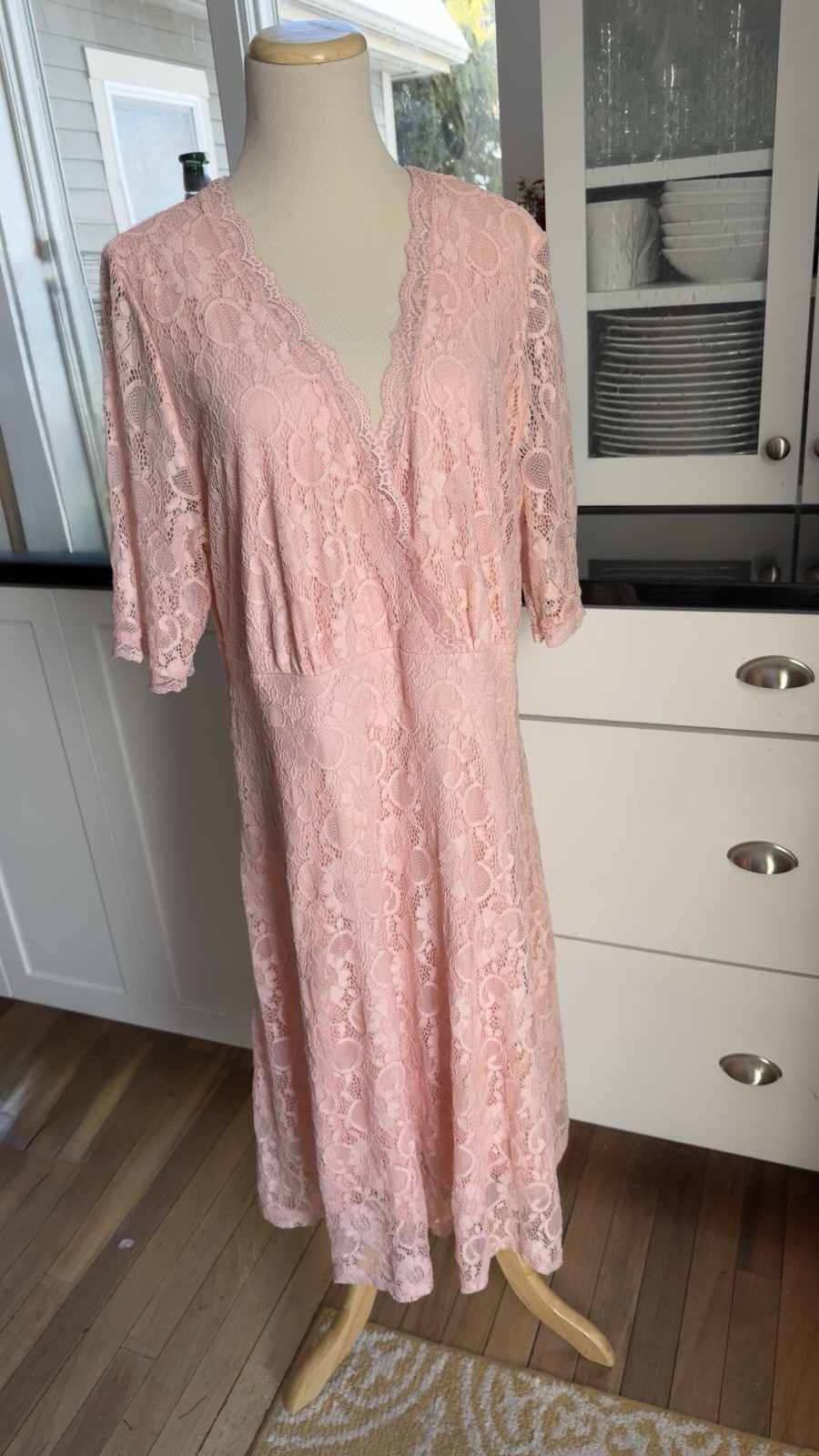 Peach Dress Womens Overlay Lace 3/4 Sleeve Nylon-Spandex Blend Feminine Glam 20W