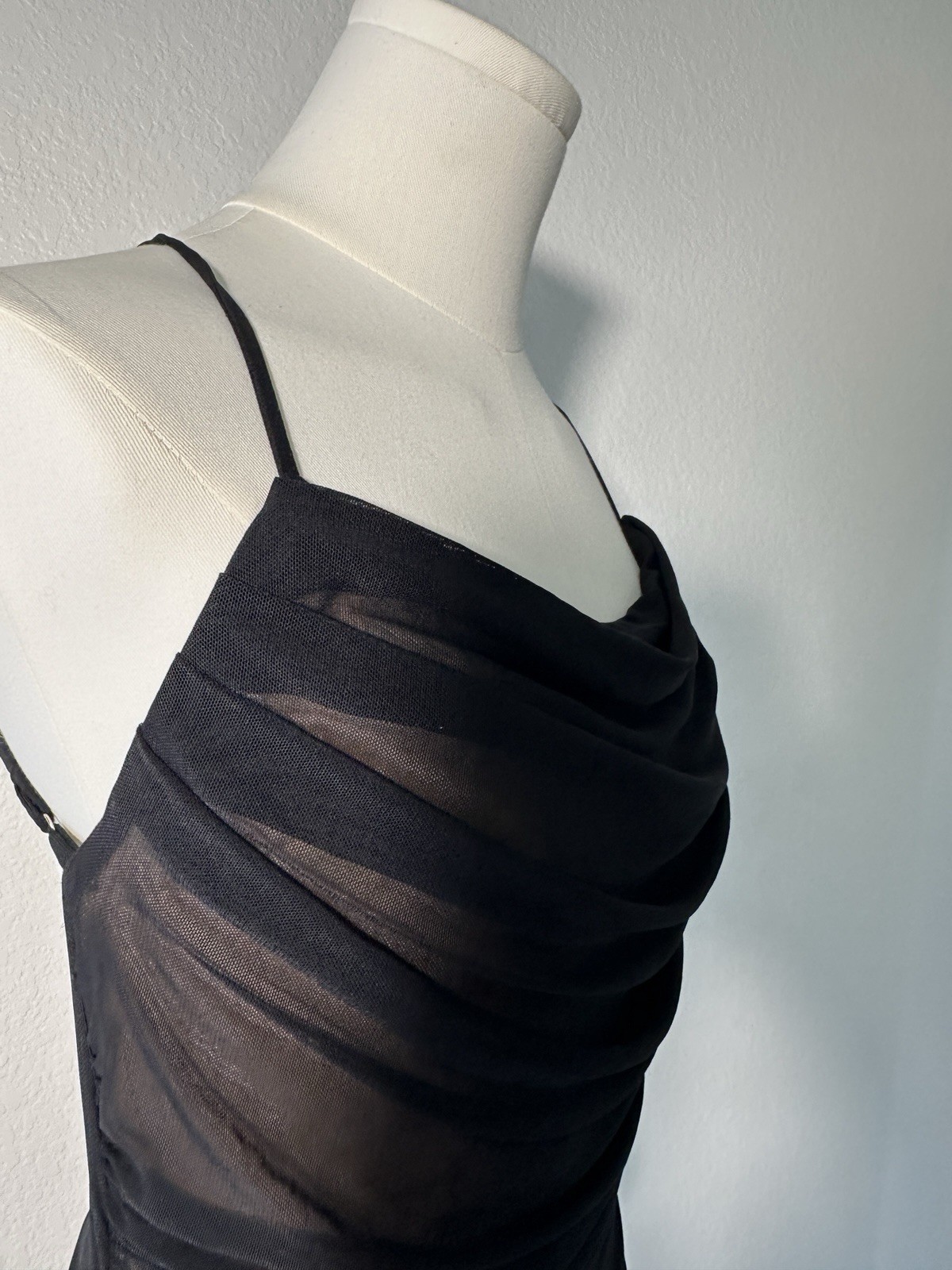 Day & Night Black Ruched Mesh Midi Dress Sheer Bodycon Spaghetti Strap L