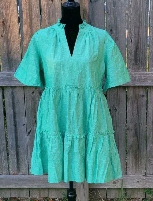 NEW Tuckernuck Crawford Mini Dress Tiered Sea Green Sz Med Linen Blend Coastal
