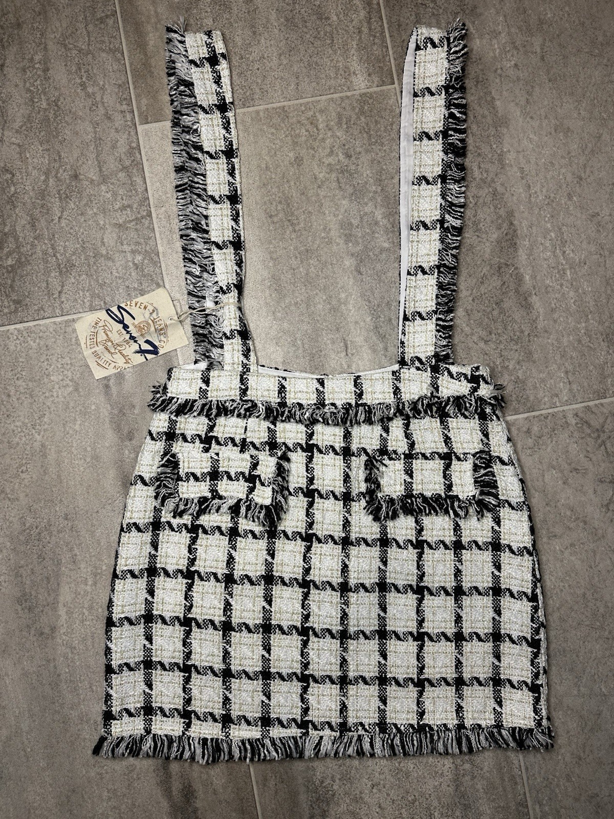 Seven7 Tweed Suspender Mini Skirt NWT Women’s Large Black White Plaid Fringe Y2K