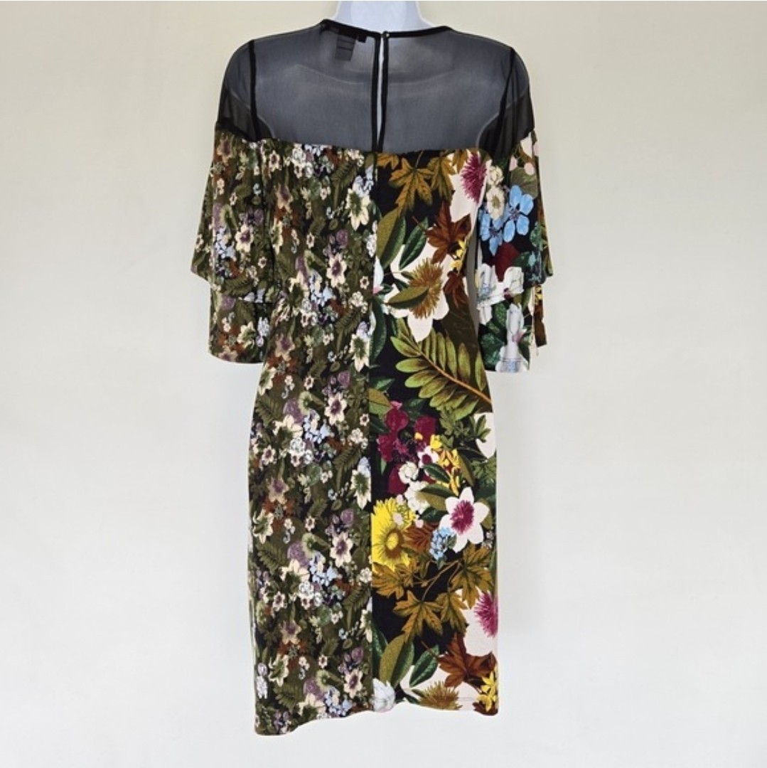 Desigual Morgana Floral Patchwork Dress Sze S Sheer Mesh Bell Sleeve Cottagecore