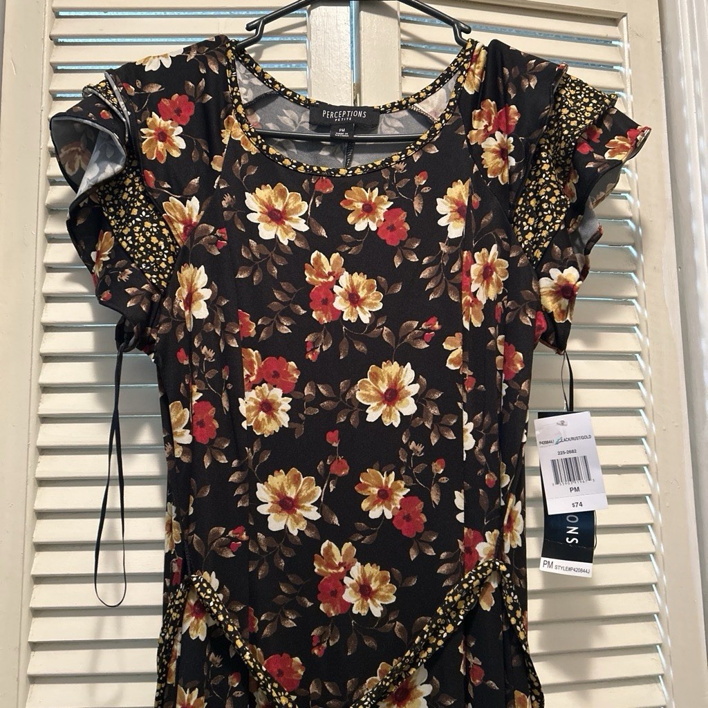 Perceptions Petite PM Black Rust Gold Floral Maxi Dress Scoop Neck Ruffle Cap