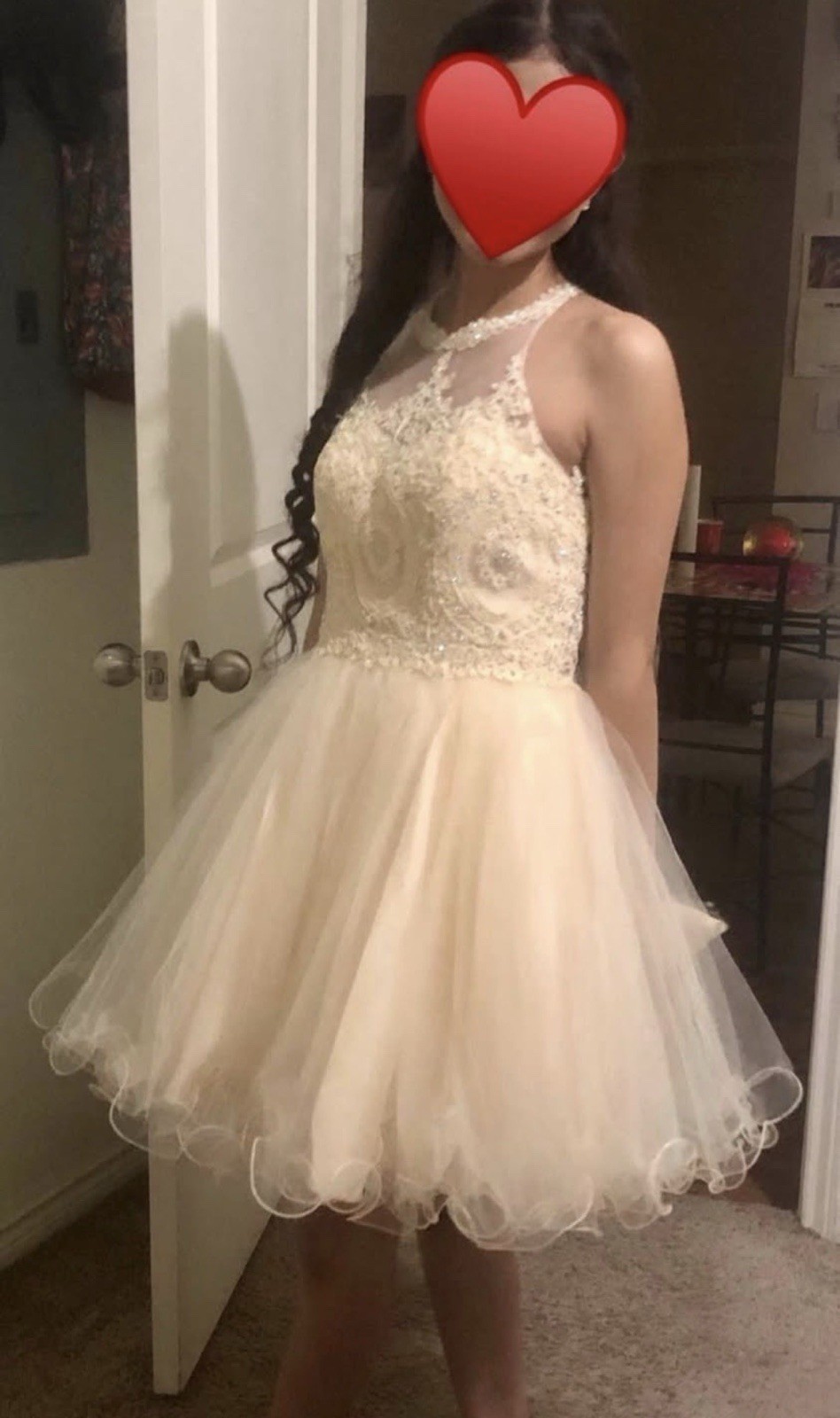 Dancing Queen Champagne Lace Tulle Beaded Halter Fit & Flare Mini Dress Sz Small