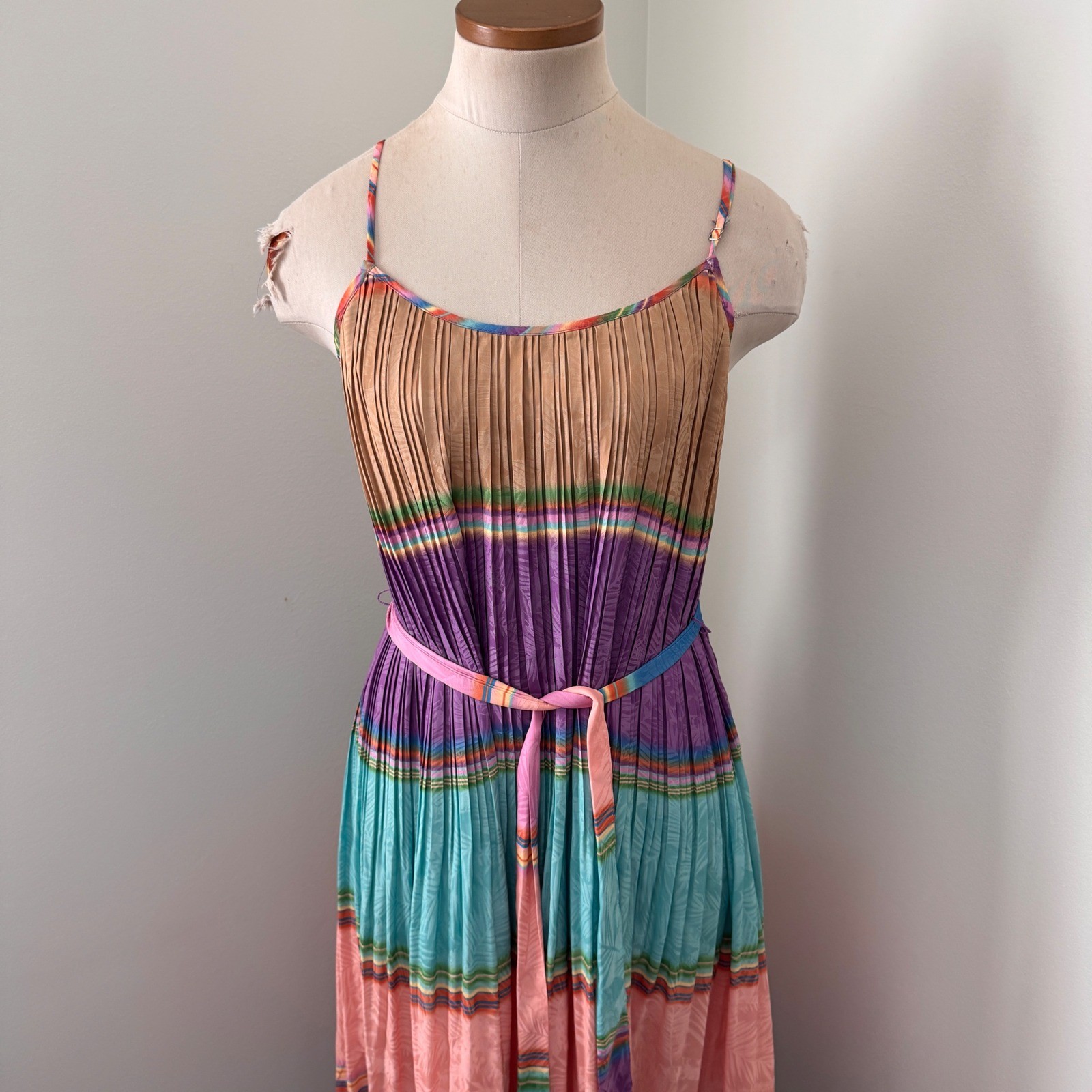 Current Air Small Rainbow Stripe Pleated Maxi Dress ~ Boho Flowy Beach