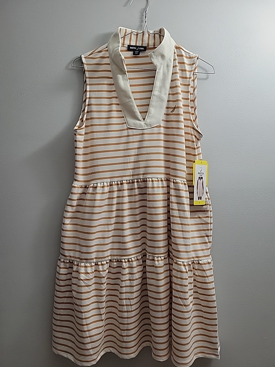 Nautica Jeans Knit Dress Women’s Small Tiered Almond Ivory Stripe Pockets