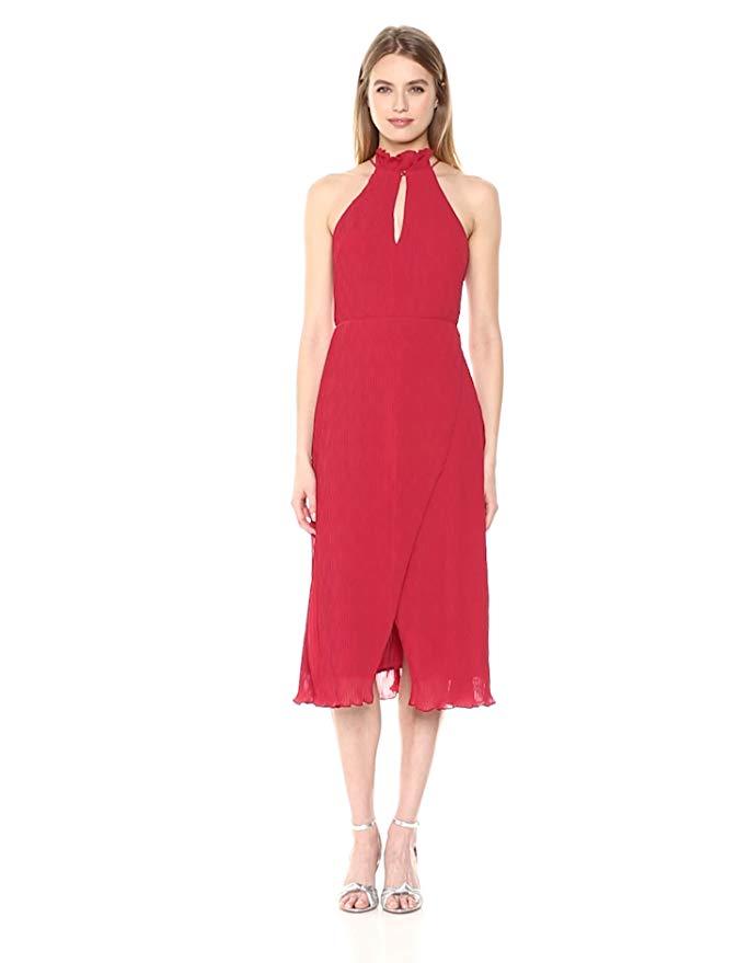 KEEPSAKE the Label Red Pleated Chiffon Keyhole Faux Wrap Cocktail Dress M = 8/10