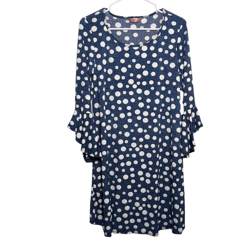 SJS Dress Women’s Medium Blue Polka Dot Textured Flare Bell Sleeve NWT