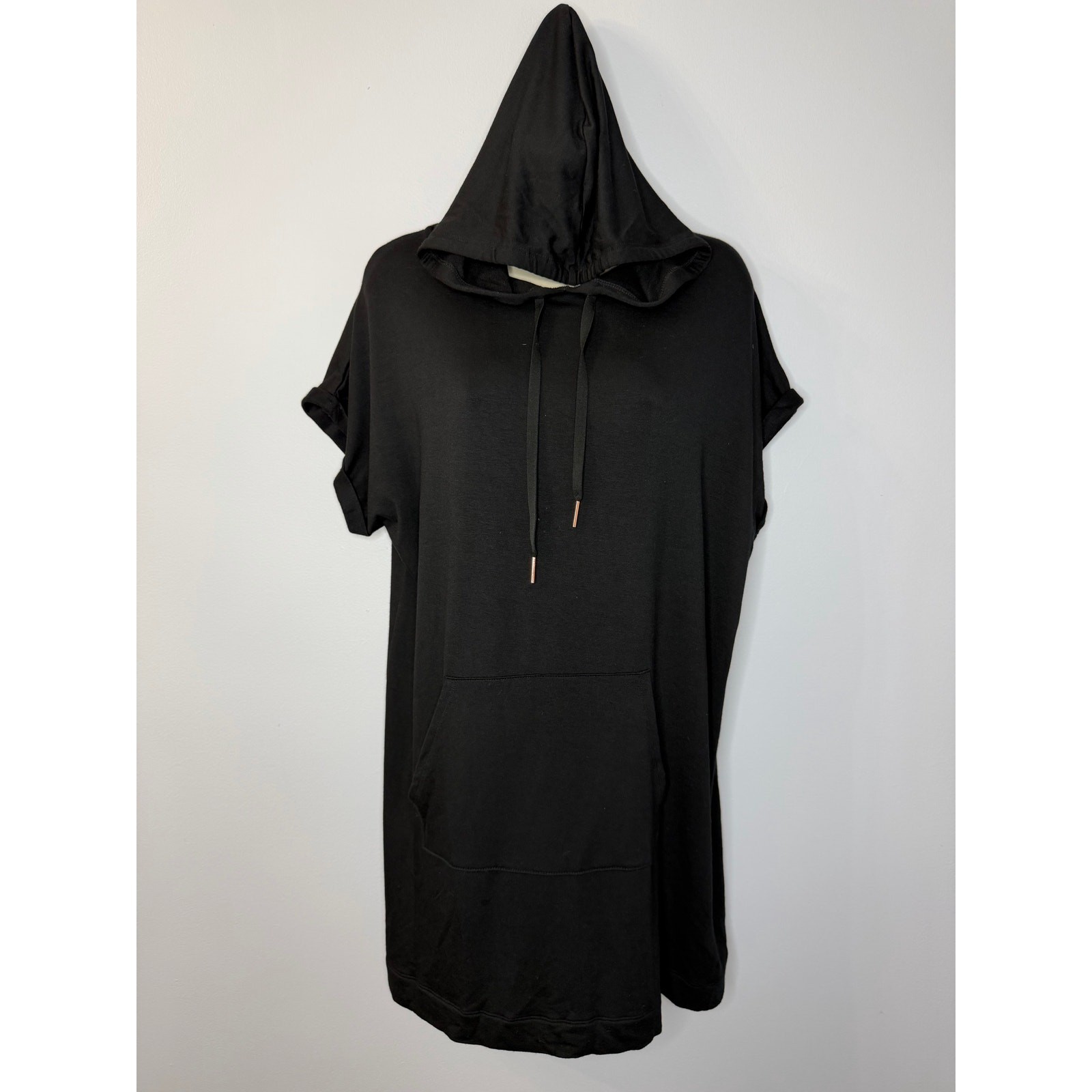 Beyond Yoga Hoodie Tunic Dress Women’s Sz M Black Short Sleeve Cover Up