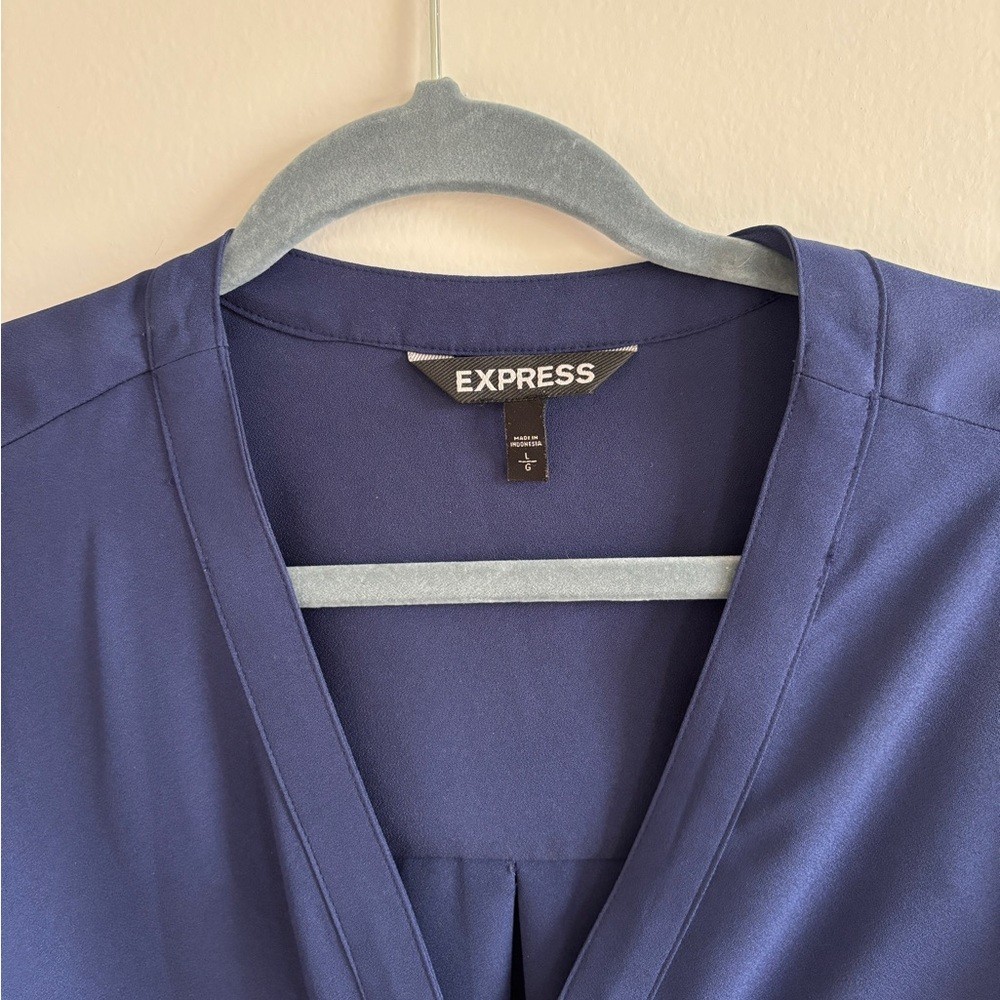 Express Navy Zip-Front Belted Long-Sleeve Shirt Dress with Roll Tabs