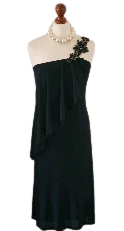 CLAUDIE AMOS Vintage Black One Shoulder Floral Applique Dress UK8 Made In UK