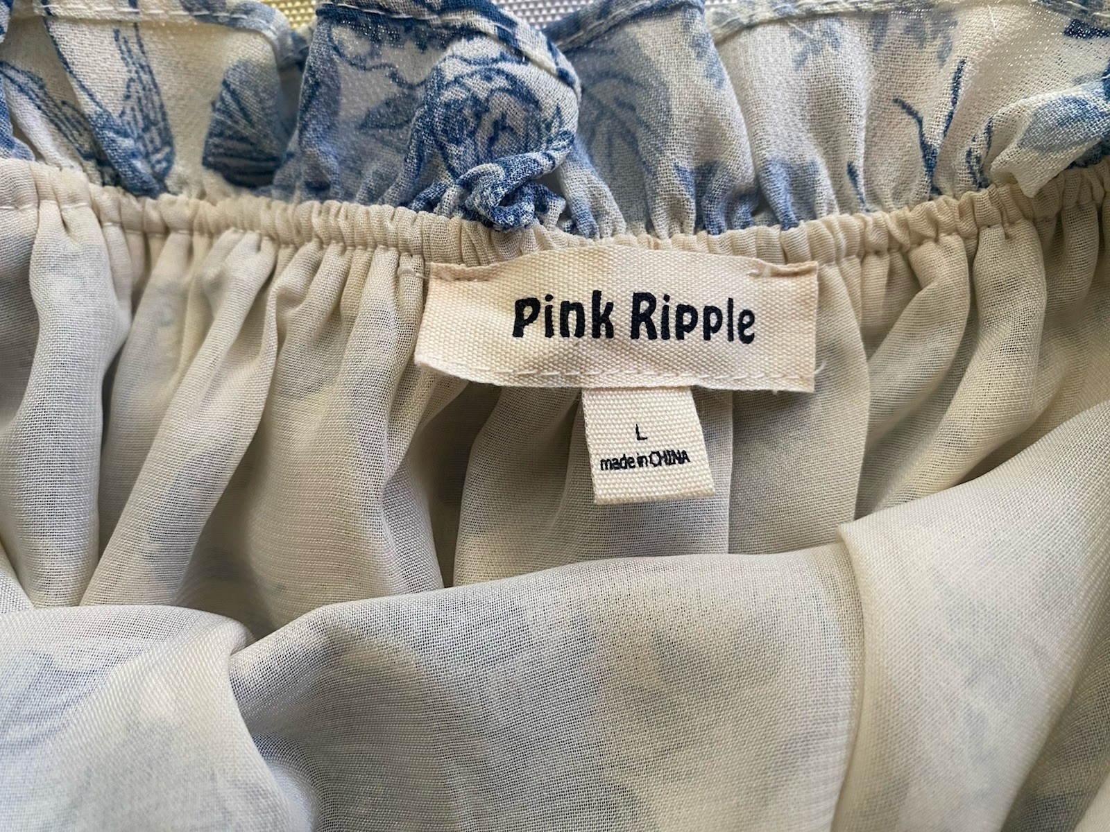 Pink Ripple Dress White Blue Pattern, Romantic, Whimsical, Cottagecore, Size L