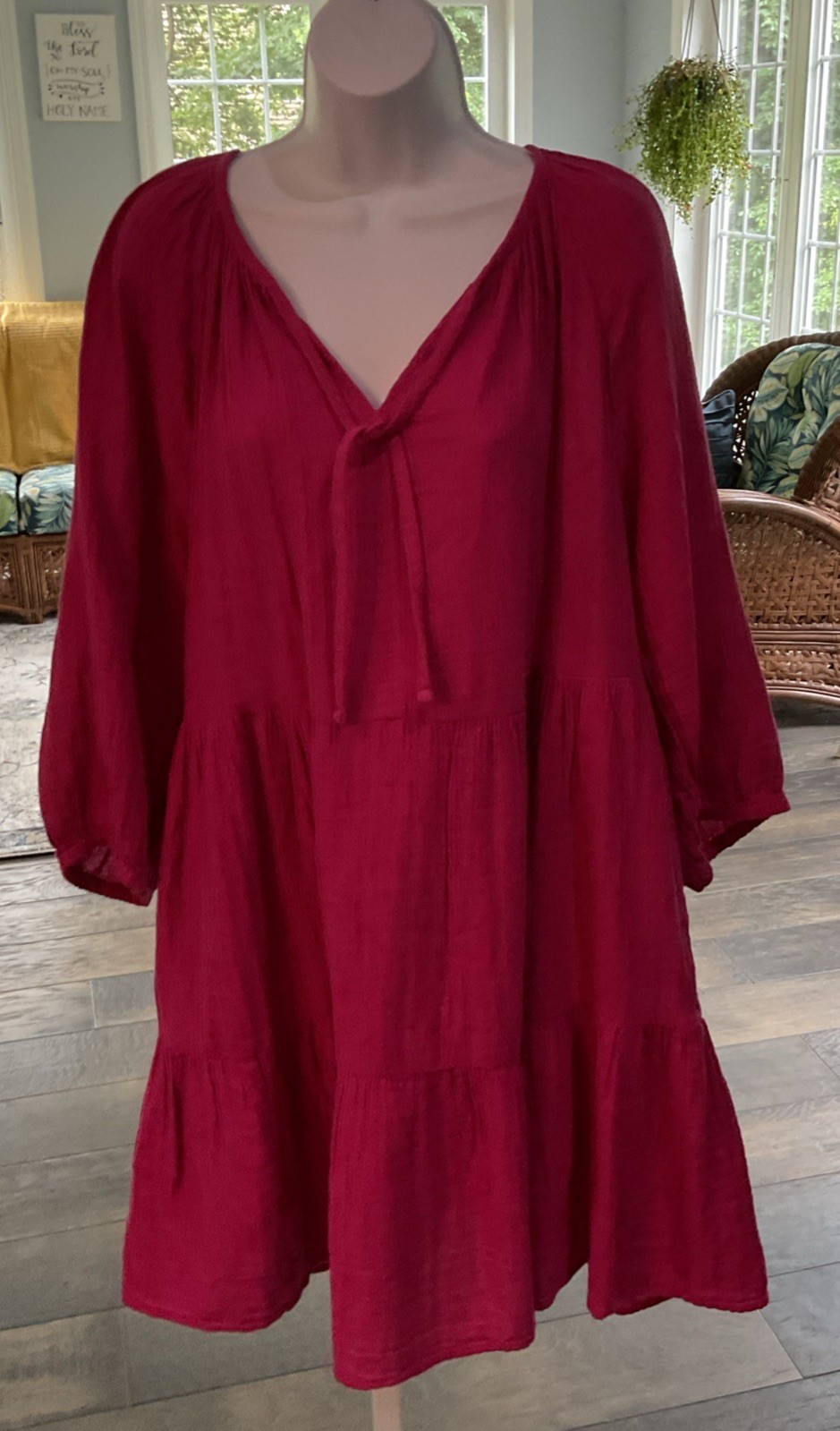 Sonoma XXL Pink 3/4 Sleeve Knee Length Cotton Gauze Pockets Peasant Style Dress