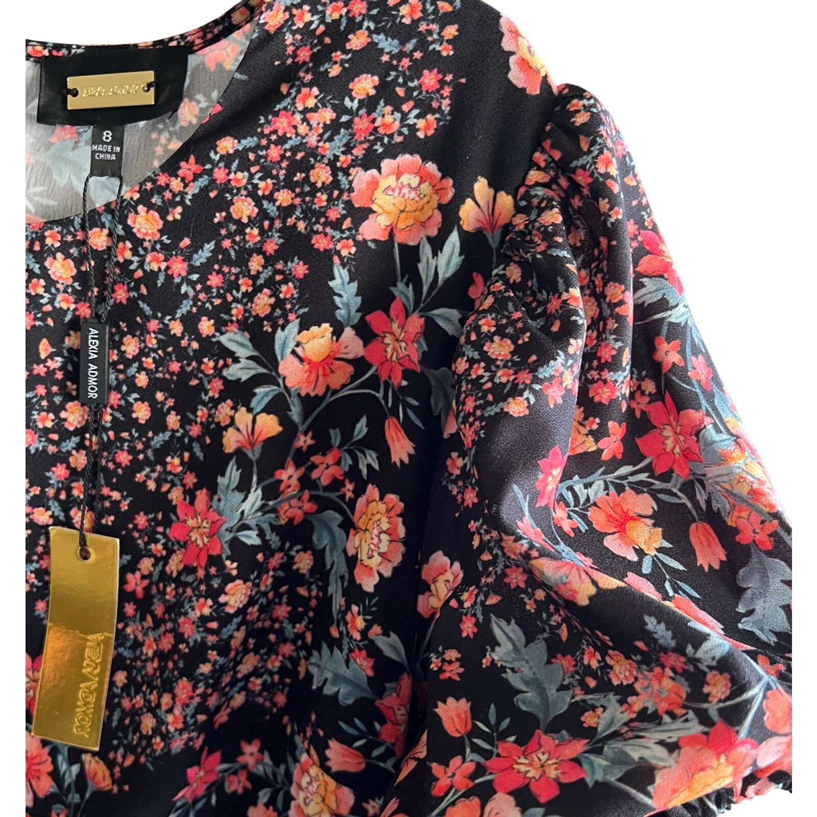 Alexia Admor Katie midi dress black, pink, and orange floral print NWT Sz 8