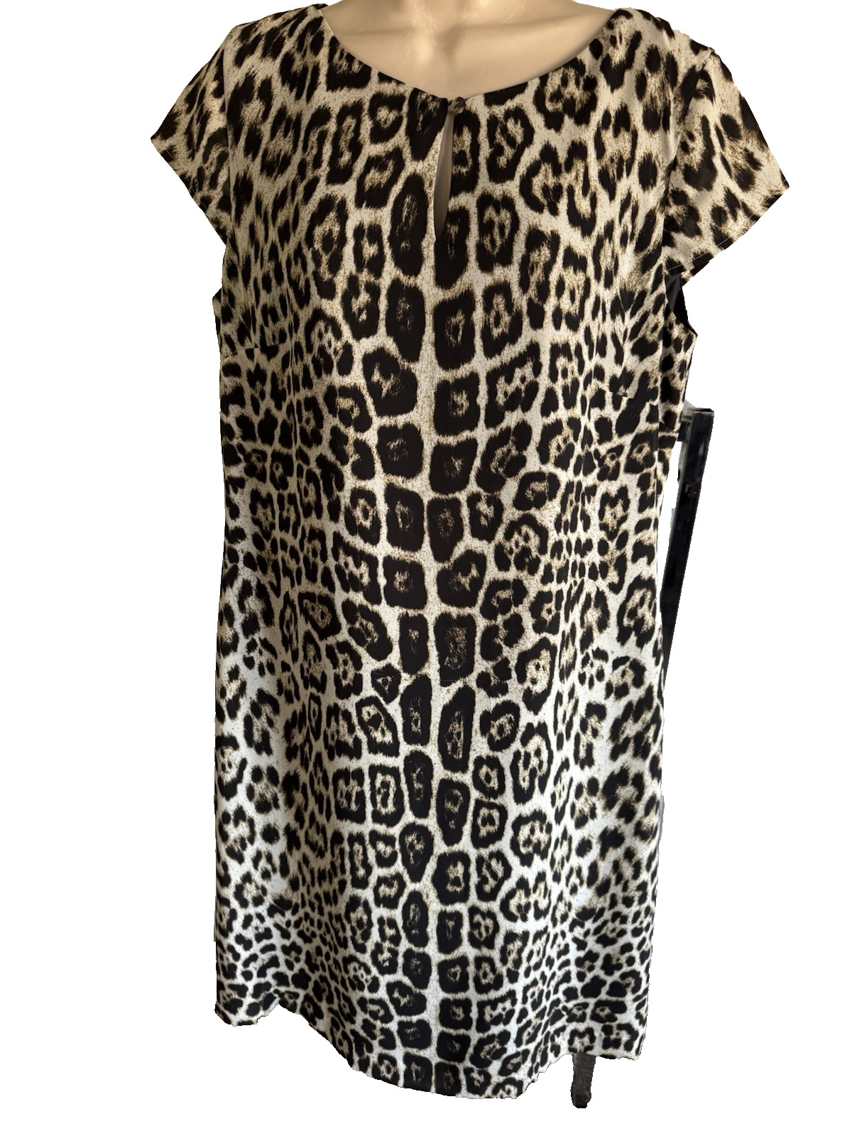 Alex Marie Trendy Leopard Print DRESS silky shift bost neck cap slv knee leng 14
