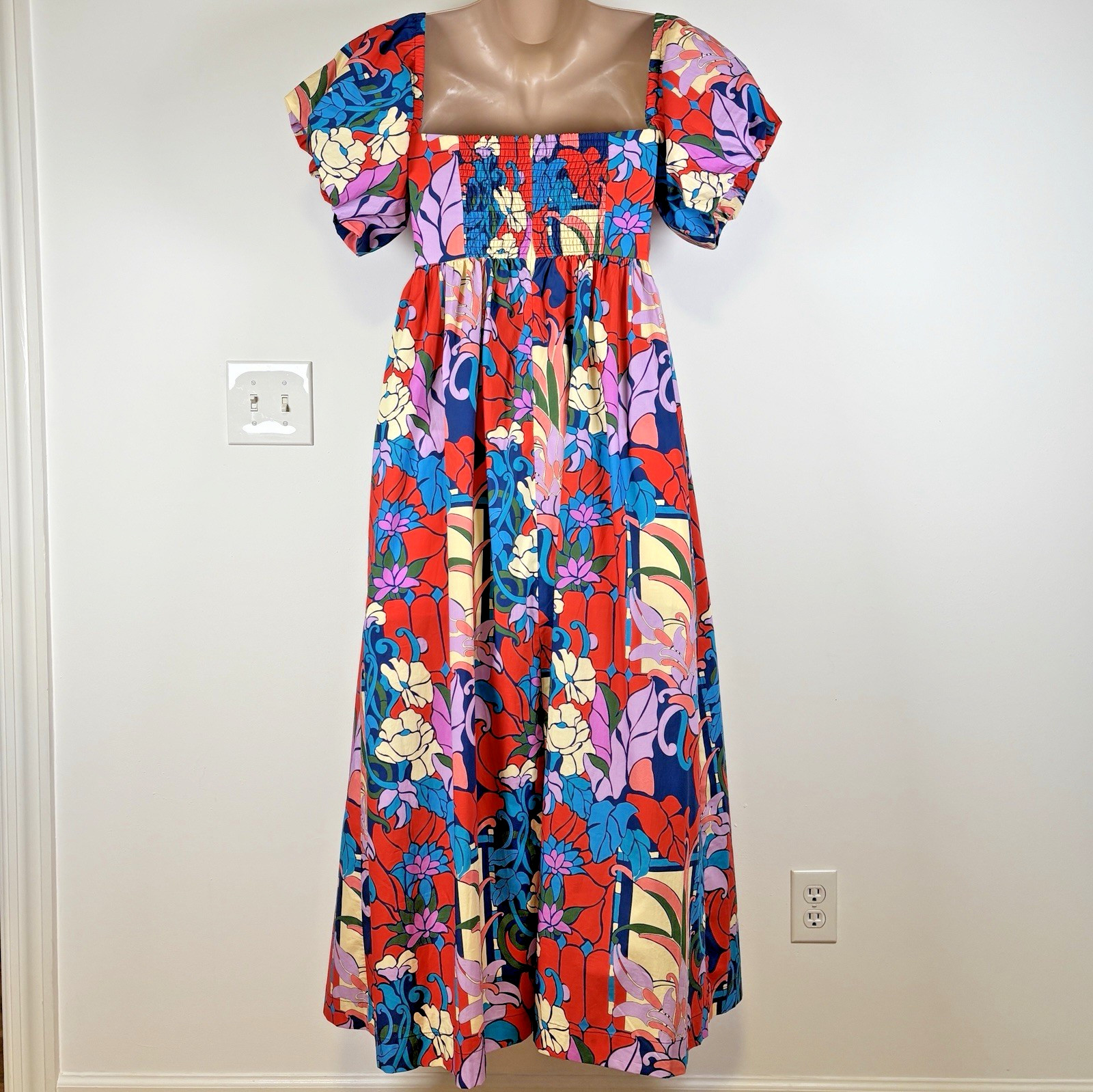 Tuckernuck Maxi Bustier Dress 12 Colorful Floral Underwire Puff Sleeves Cotton