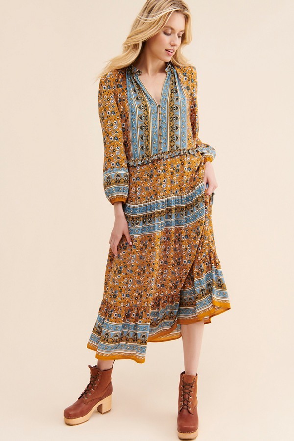Current Air Anthropologie Midi Dress Medium Modest Boho Prairie Cottagecore Folk