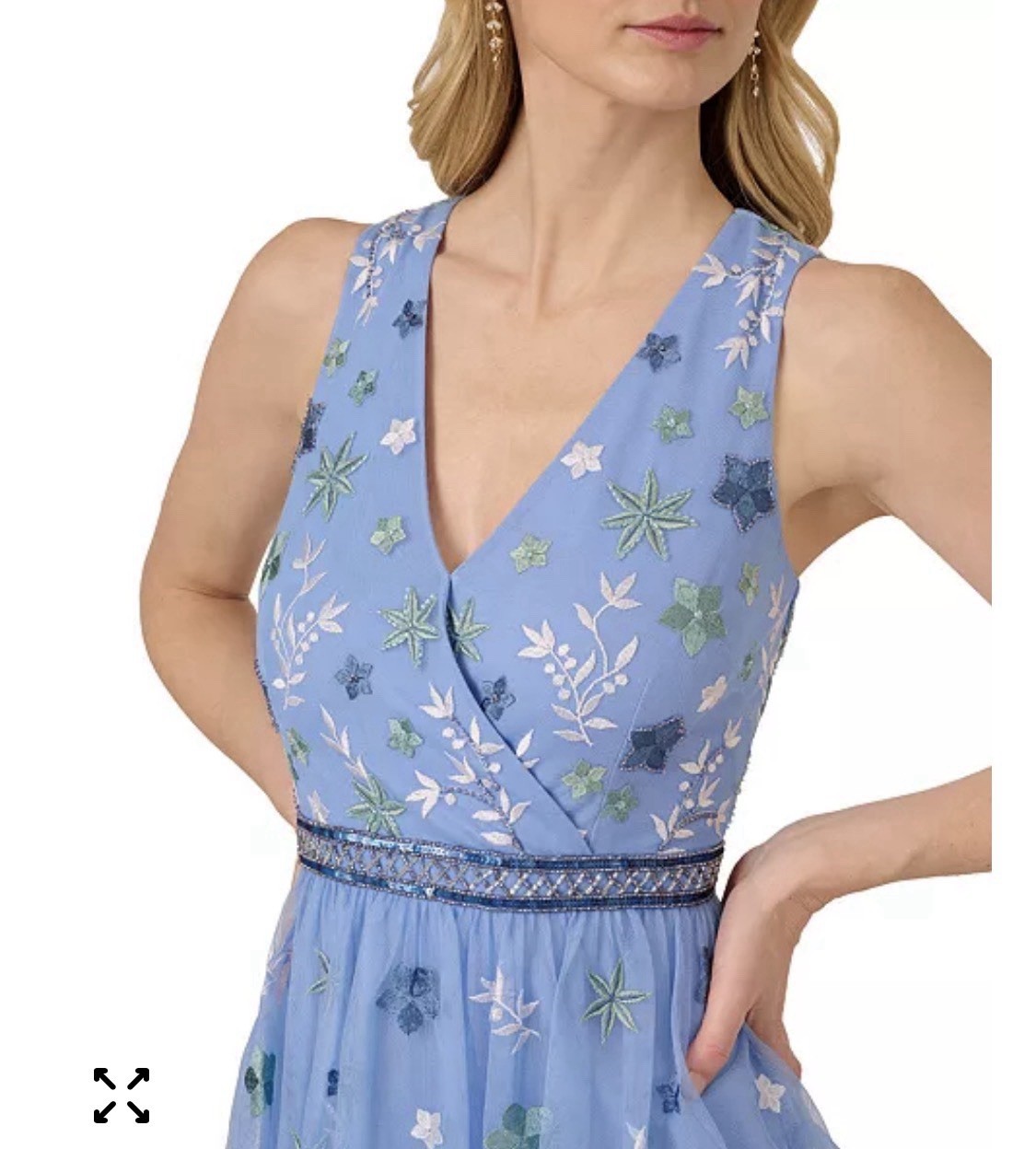 Adrianna Papell Beaded Tiered Mesh Dress Blue Womens Size 14 Floral Embroidered