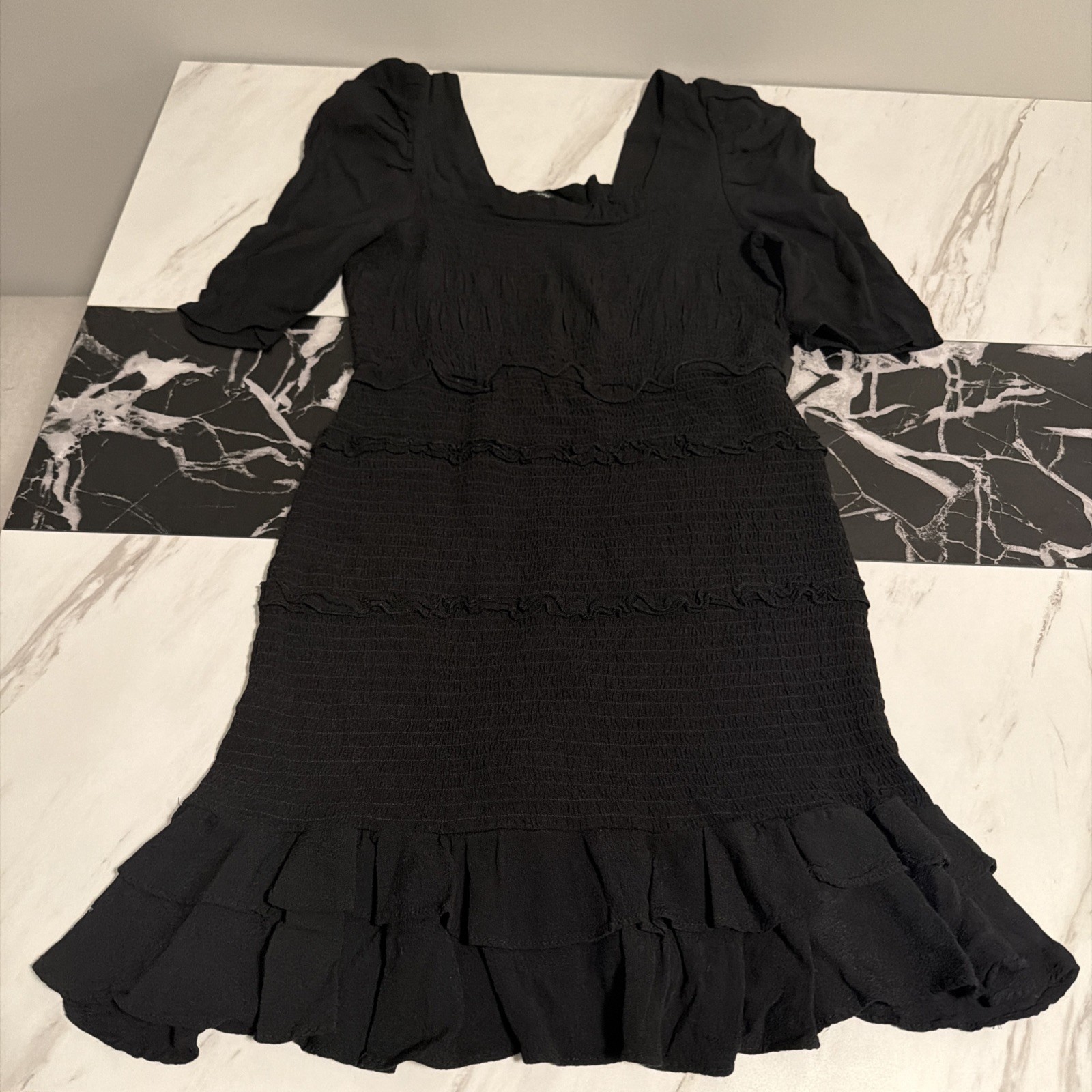 Black Ruched Layered Ruffle Dress Short Sleeve Size M Close To Knee Length