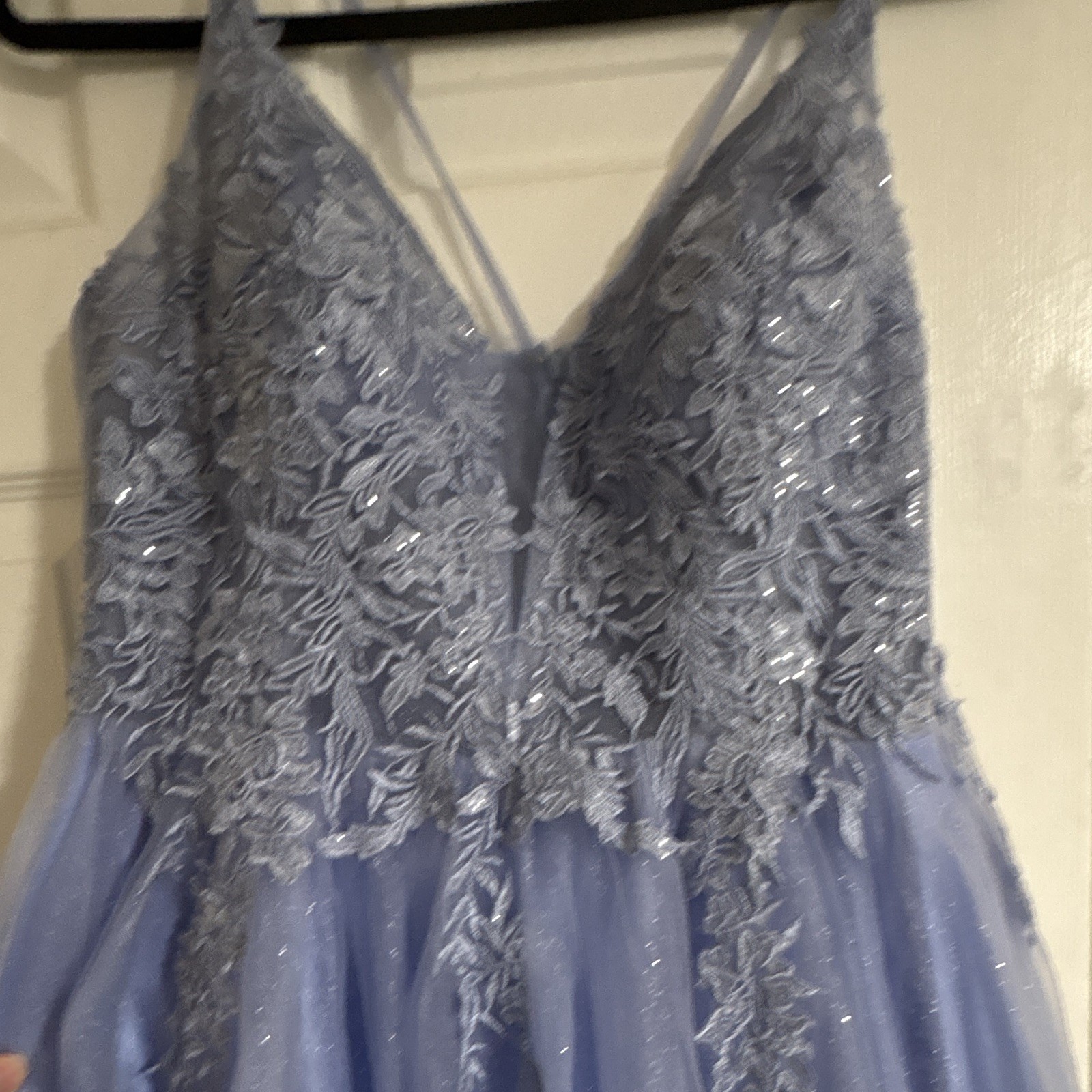Women’s Blue Formal Long Tulle Gown V-Neck Sleeveless Straps Embroidered Sequins