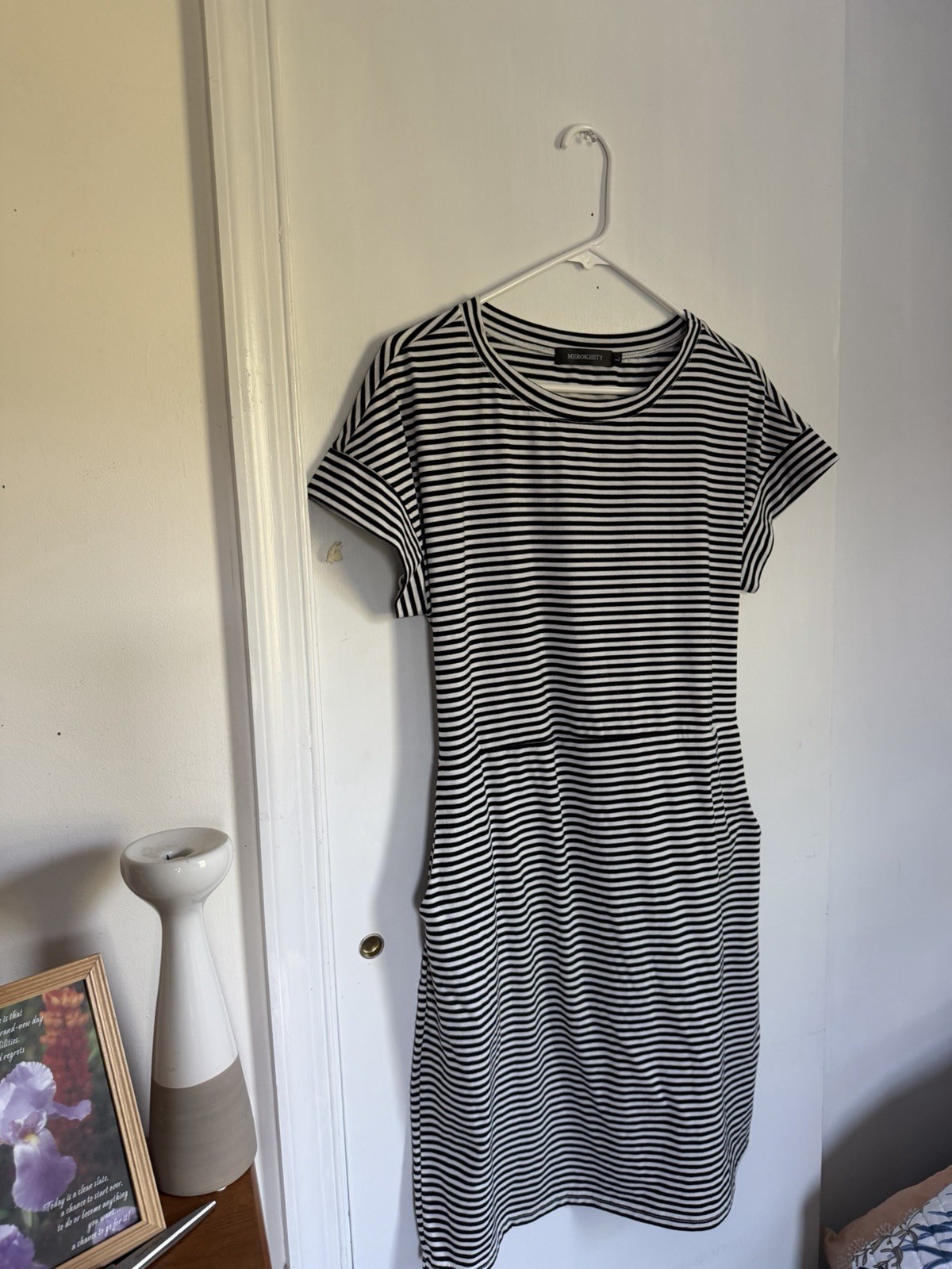 Merokeety Women Black White Stripe Large Casual Dress pockets