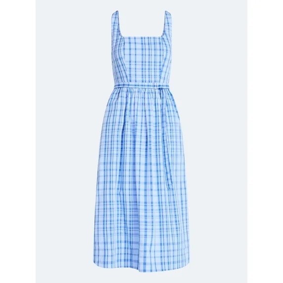 Free Assembly Women’s XL Belted Midi Dress Cotton Sleeveless Blue Plaid New