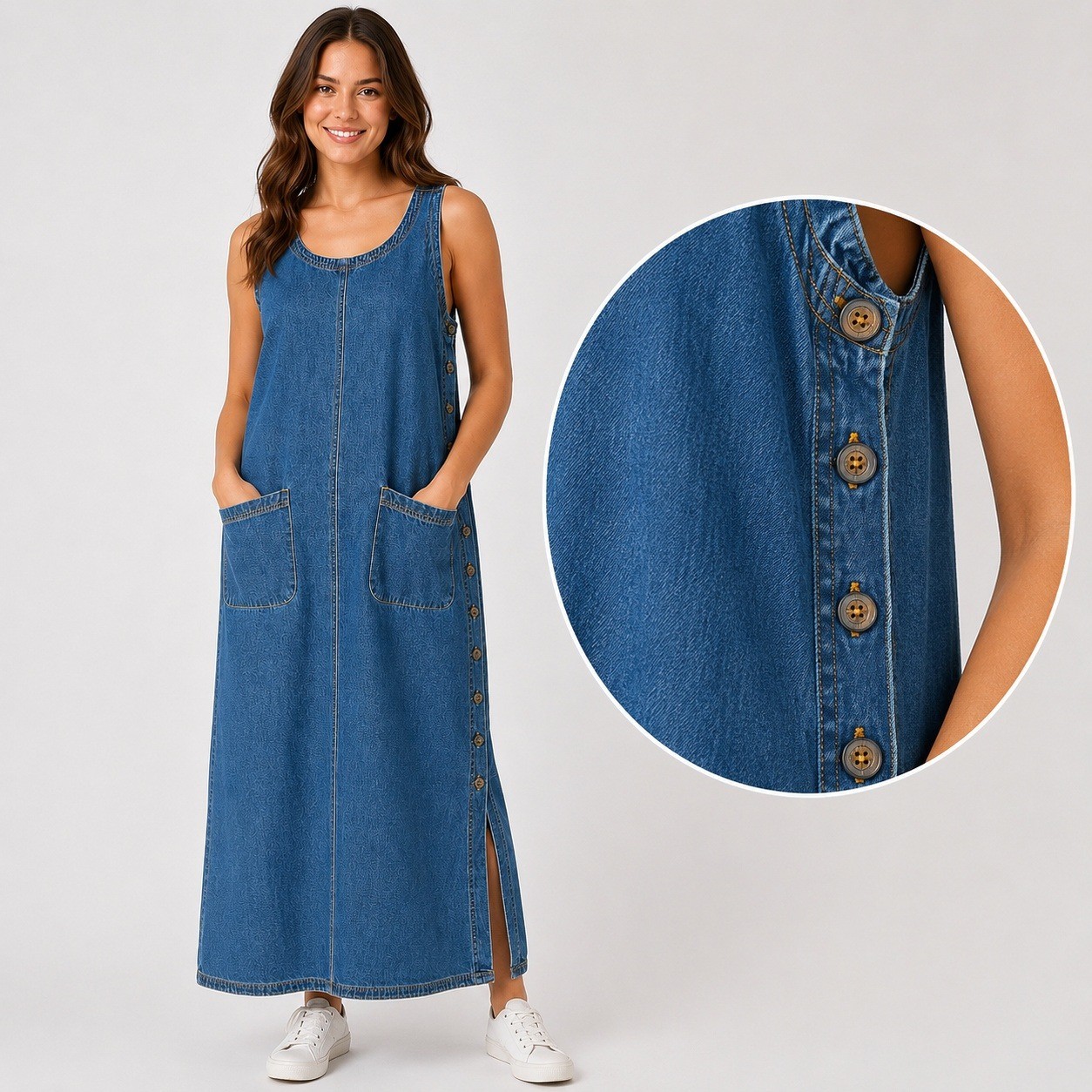 Vintage Erika & Co Womens Denim Jumper Dress Maxi Side Button Pockets Small
