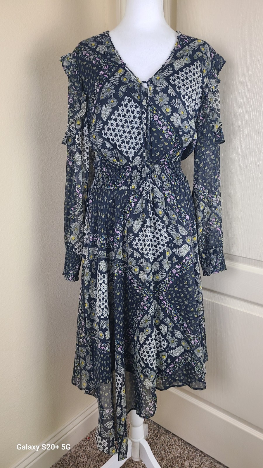 Sam Edelman Ruffle Handkerchief Midi Dress Mixed Patchwork Smoked Waist Size 10