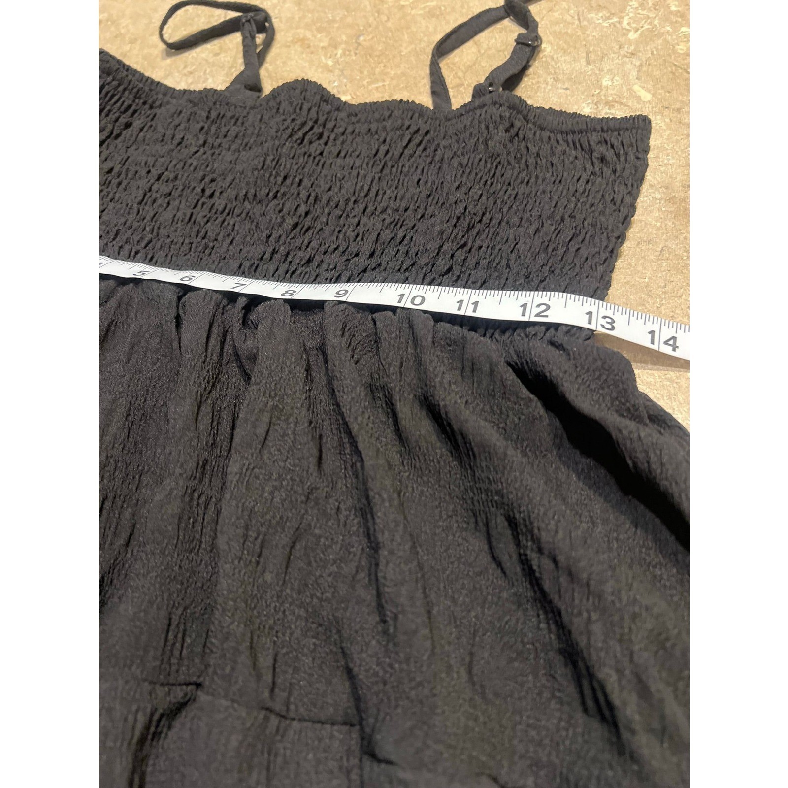 Black Smocked Tiered Mini Dress Textured Crinkle Adjustable Straps Small