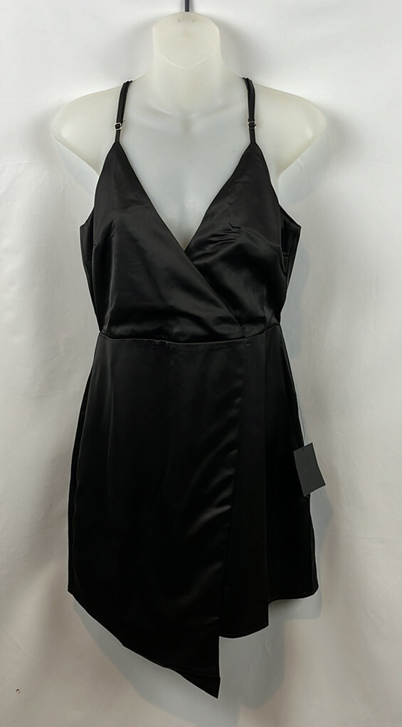 Lulus What a Stunner Black Satin Asymmetrical A-Line Mini Dress Size M – NEW