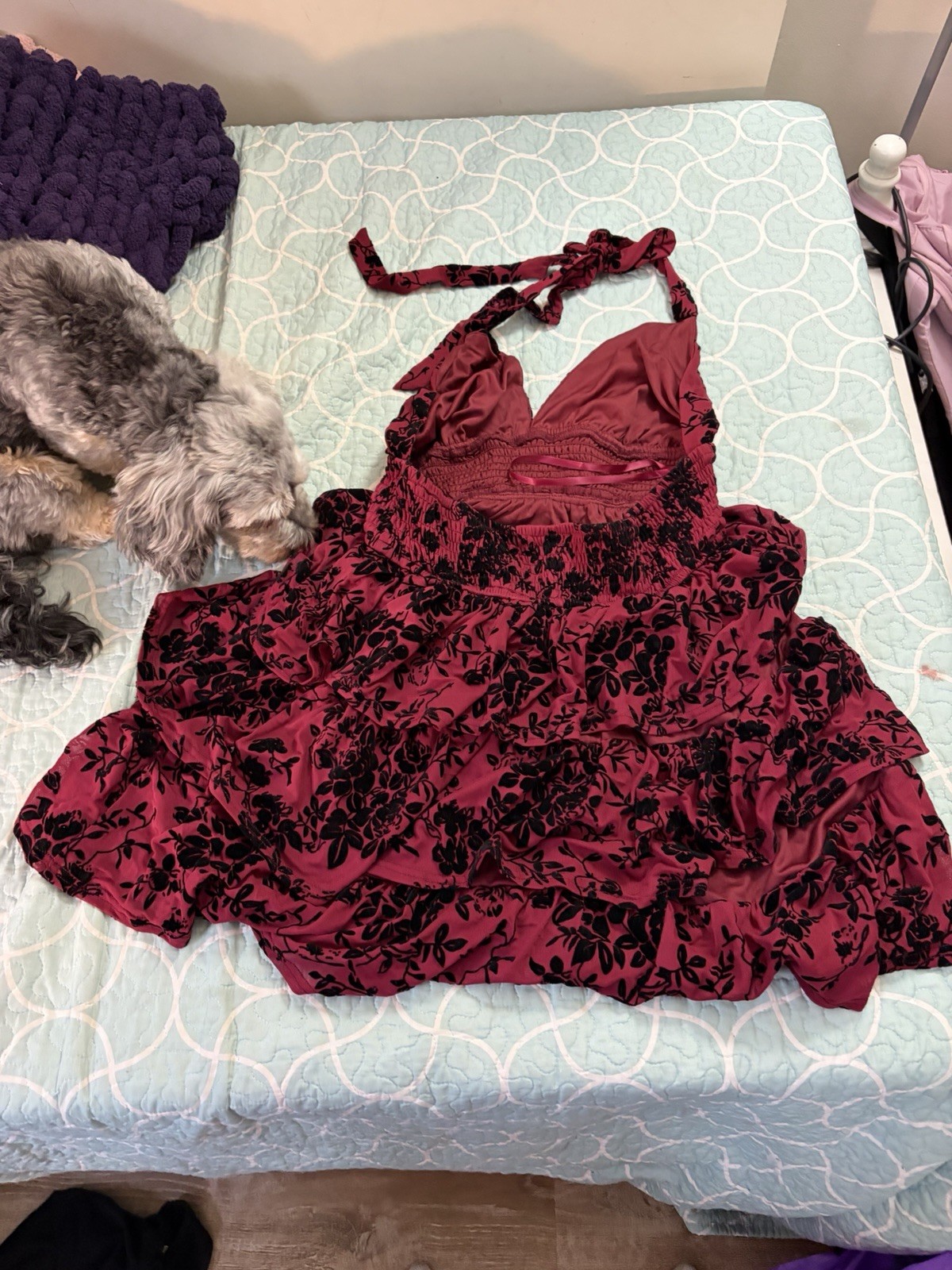 Windsor Burgundy/Black Floral Halter Backless Smocked Ruffle Tie Large
