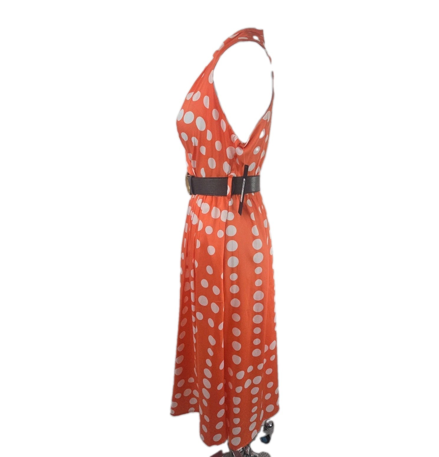 Donna Karen New York Orange Dot Print V-neck Halter Style MIDI Dress Size 4 NWT
