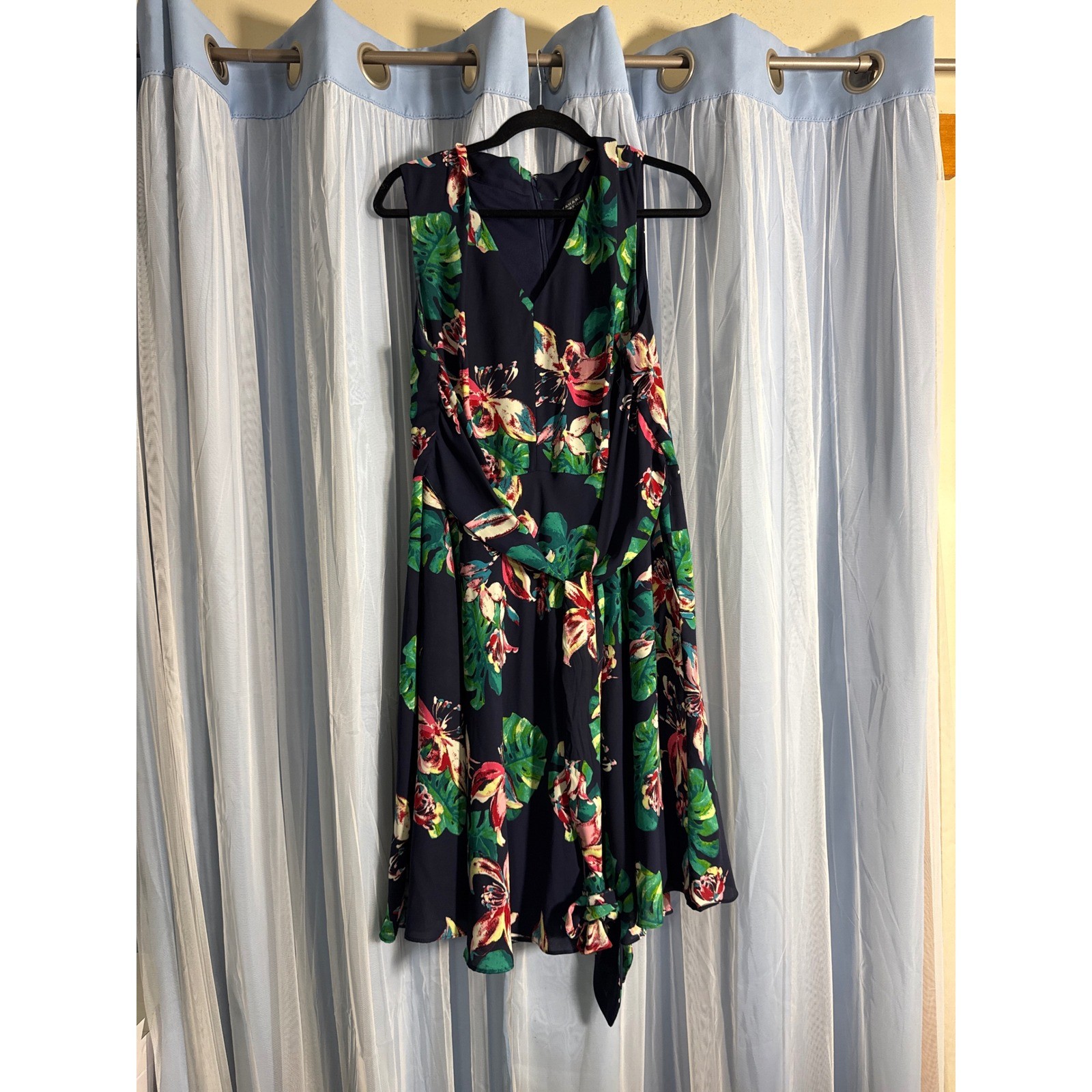 Tahari Dress Womens 16 Navy Blue Tropical Floral Monstera Fit Flare