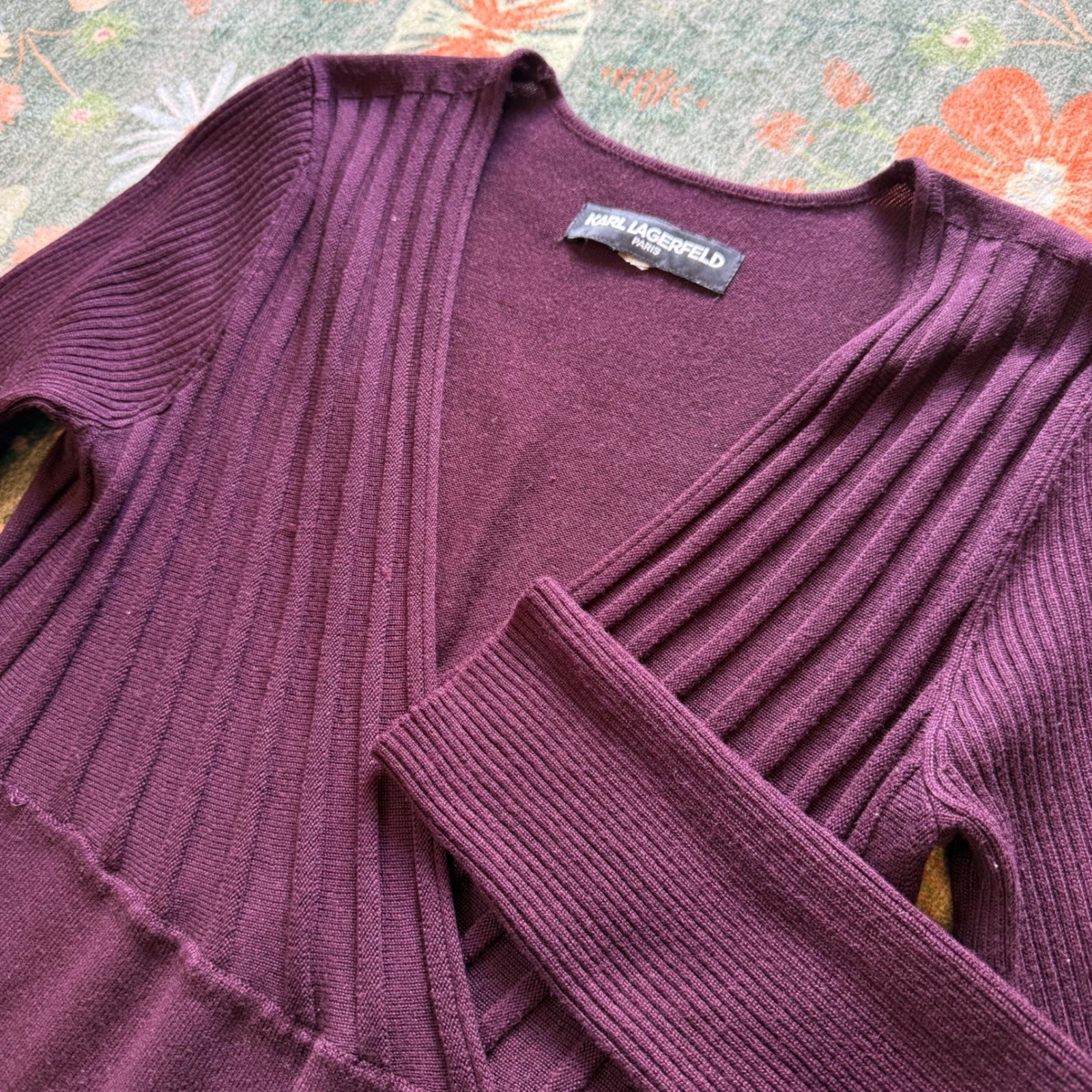 Karl Lagerfeld Paris Womens Plum Purple Ribbed Knit V-Neck A-Line Sweater Dress