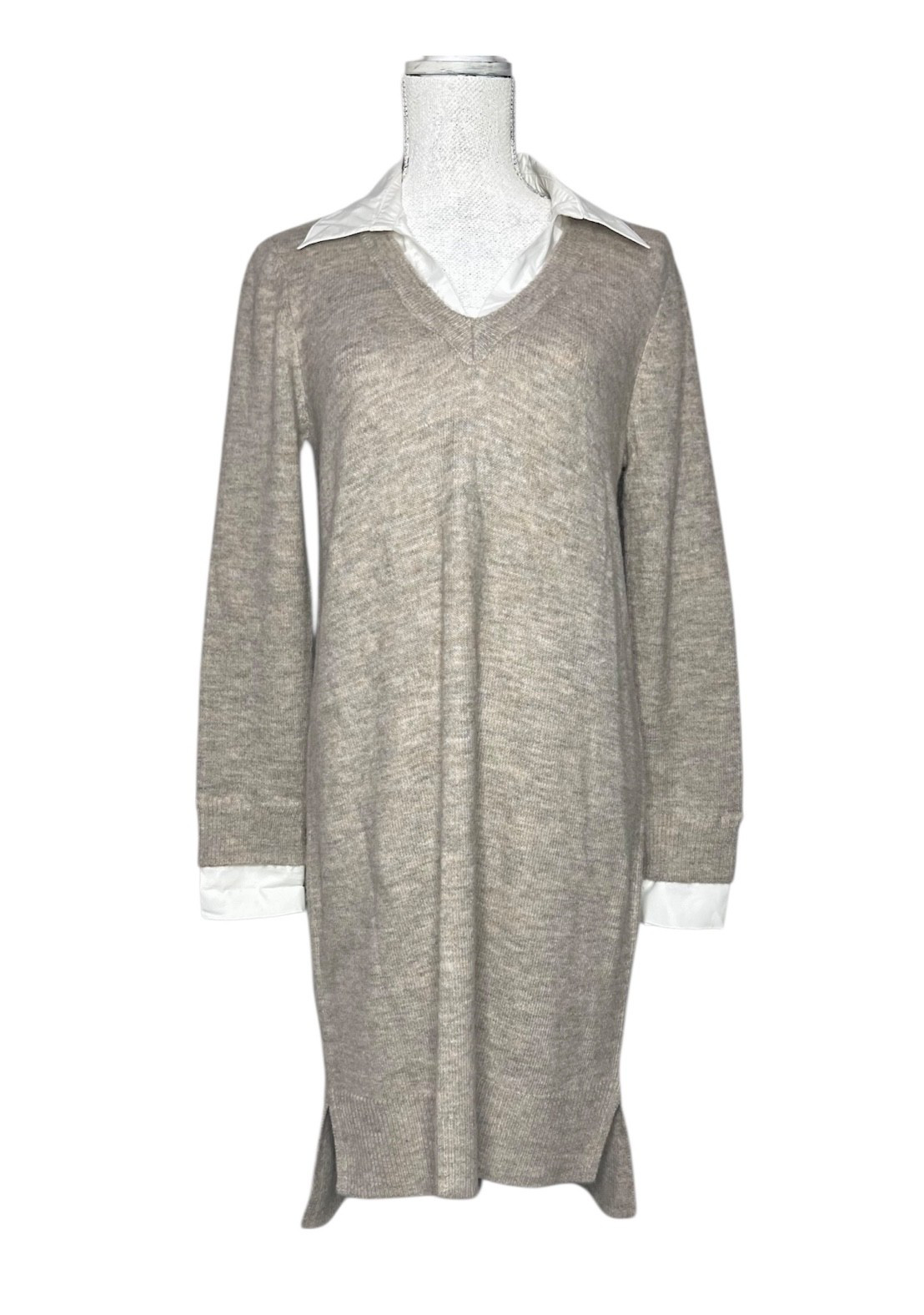 LOFT Outlet Sweater Dress Heather Beige White Collar And Cuffs Womens Size Small
