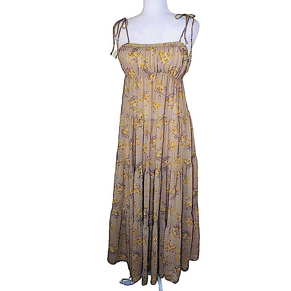 Storia Floral Empire Waist Tiered Midi Dress Tan Small Milkmaid Cottage Core