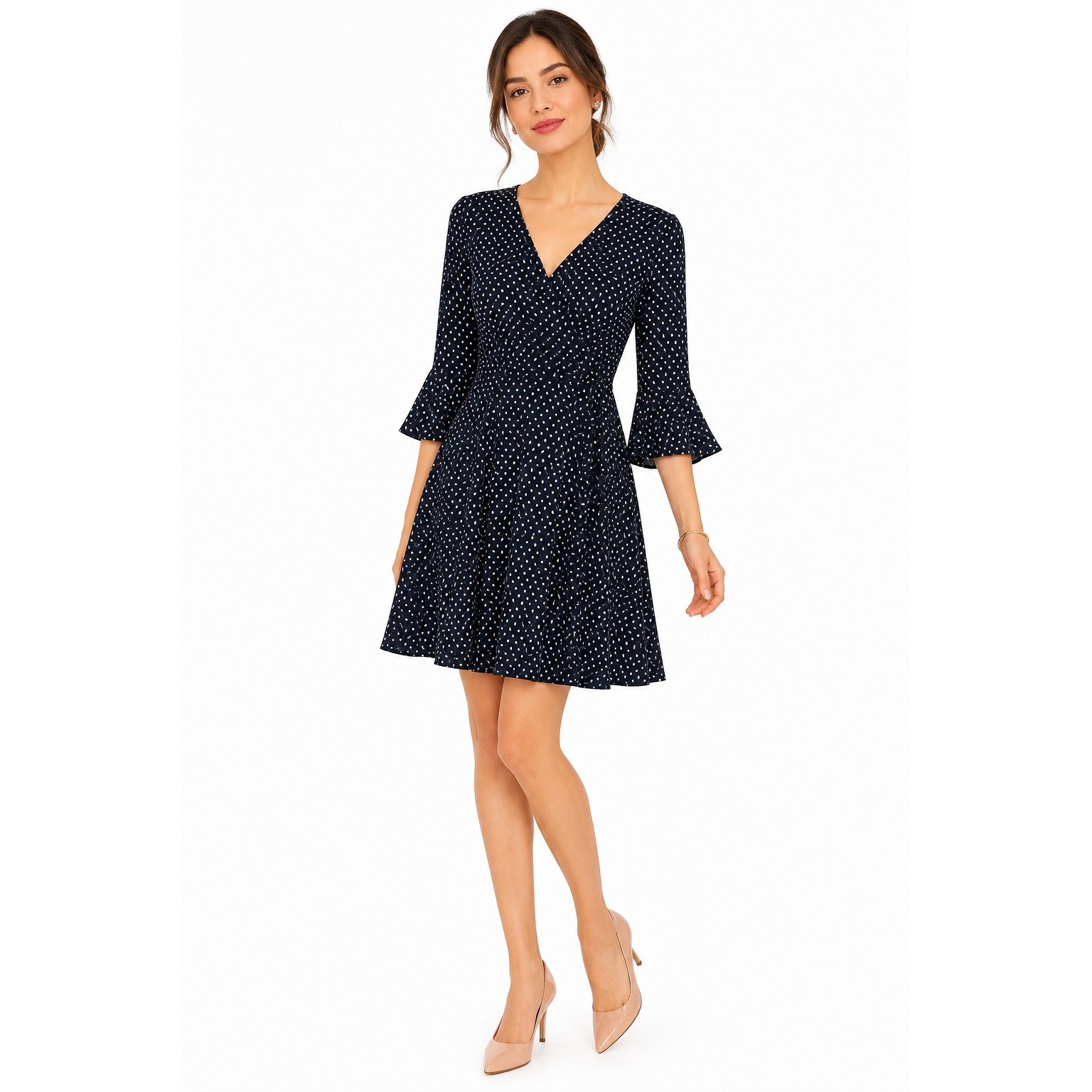 Everly Navy Blue Polka Dot Fit and Flare Dress Bell Sleeve V-Neck Womens L
