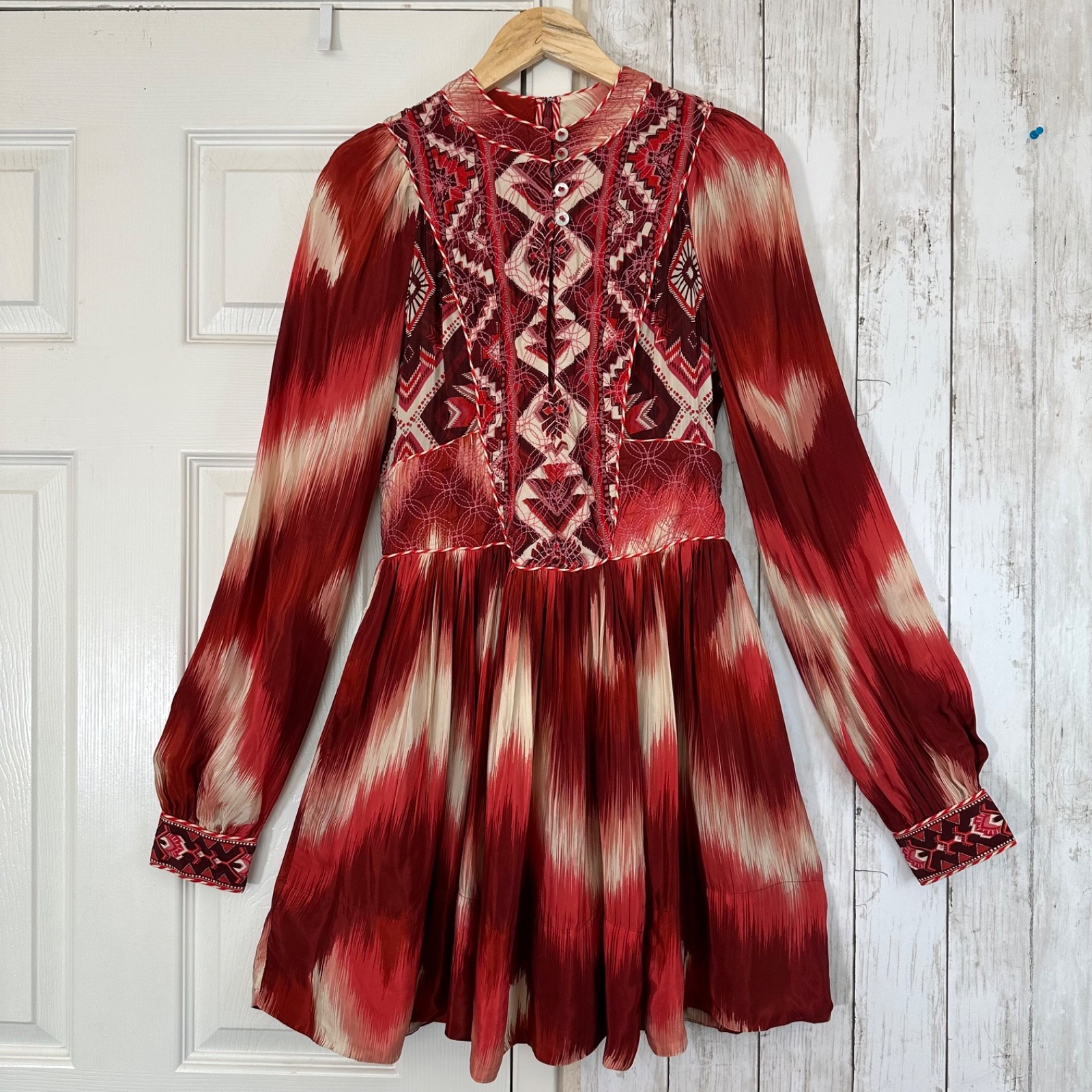 Farm Rio Ikat Boho Quilted Embroidery Puff Sleeve Mini Dress Size S Festival 70s