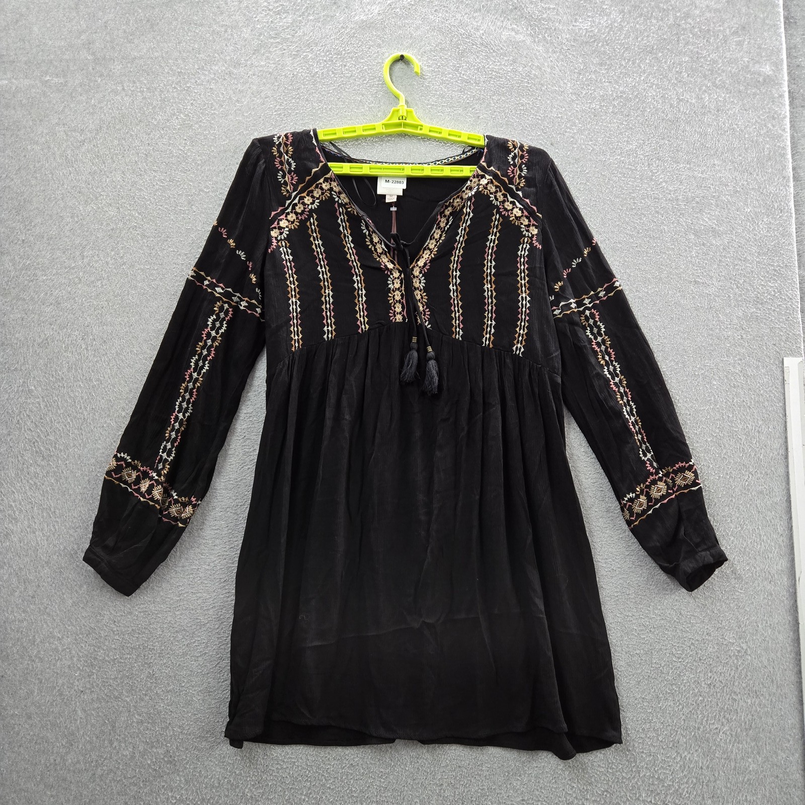 Knox Rose Women Dress M Black Embroidered A-Line Boho Romantic Long Sleeve